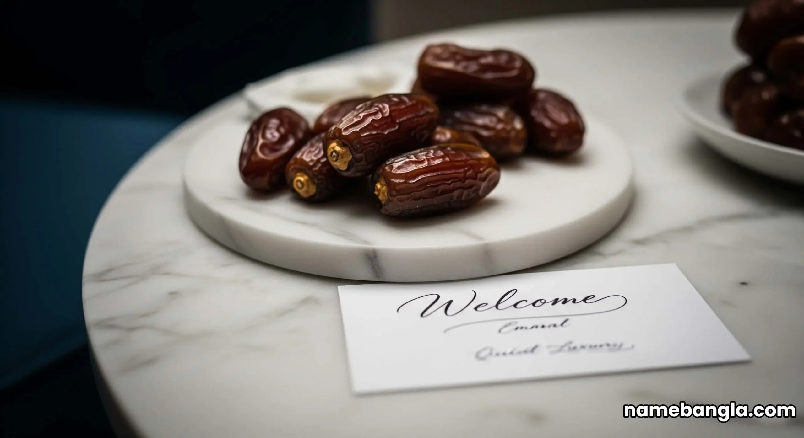 A personalized welcome gift of fresh Emirati dates and a handwritten card resting on a luxurious white marble table in a hotel suite.