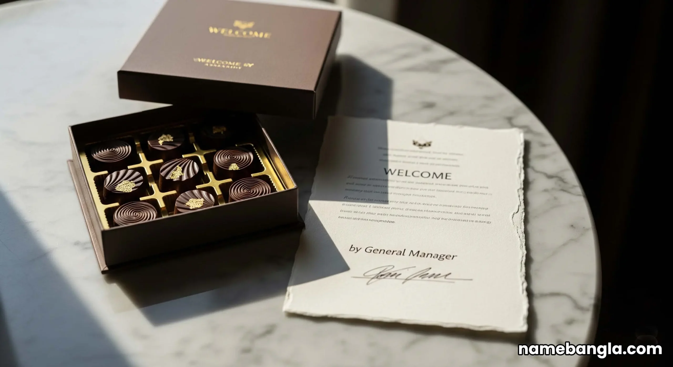 A personalized welcome gift of gourmet chocolates and a card on a table inside a luxurious private villa suite.