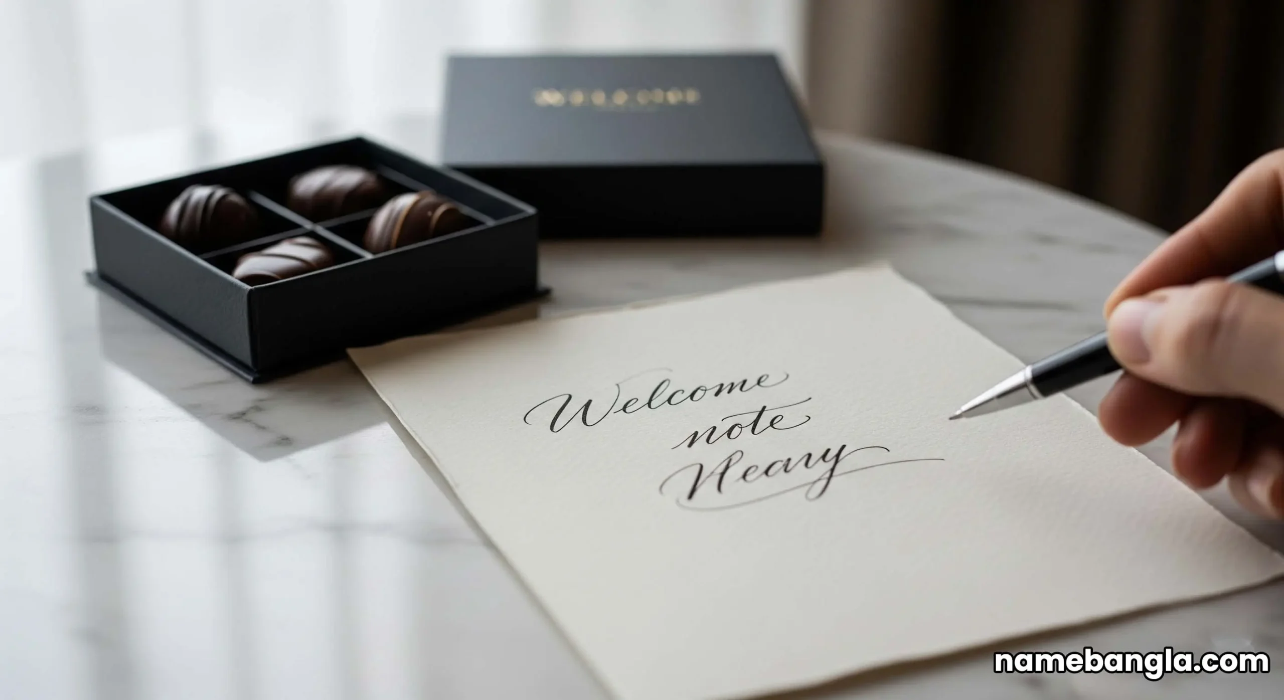 A personalized welcome gift of gourmet chocolates and a card resting on a white marble tabletop in a hotel suite.