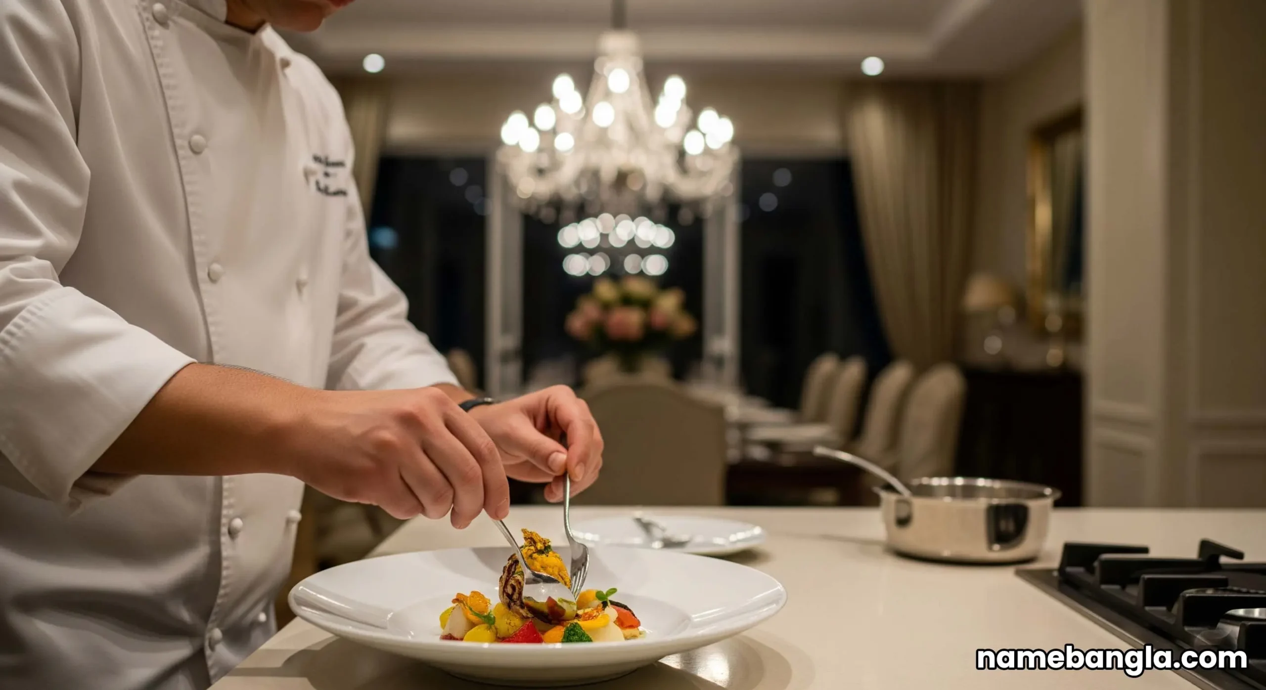 A private chef's hands carefully garnishing an elegant dish in a luxury villa kitchen.