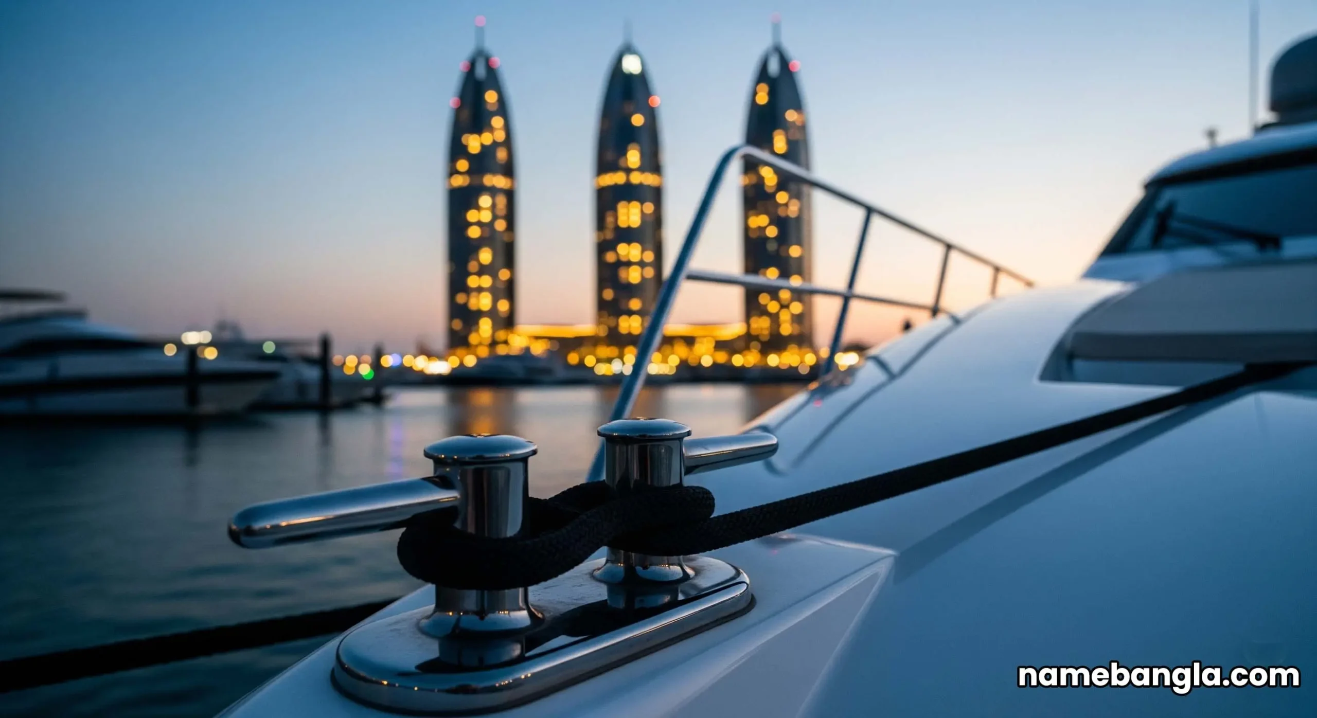 A private yacht awaits at the Al Habtoor City marina, with the V Hotel and Hilton towers lit up against the Dubai skyline at dusk.