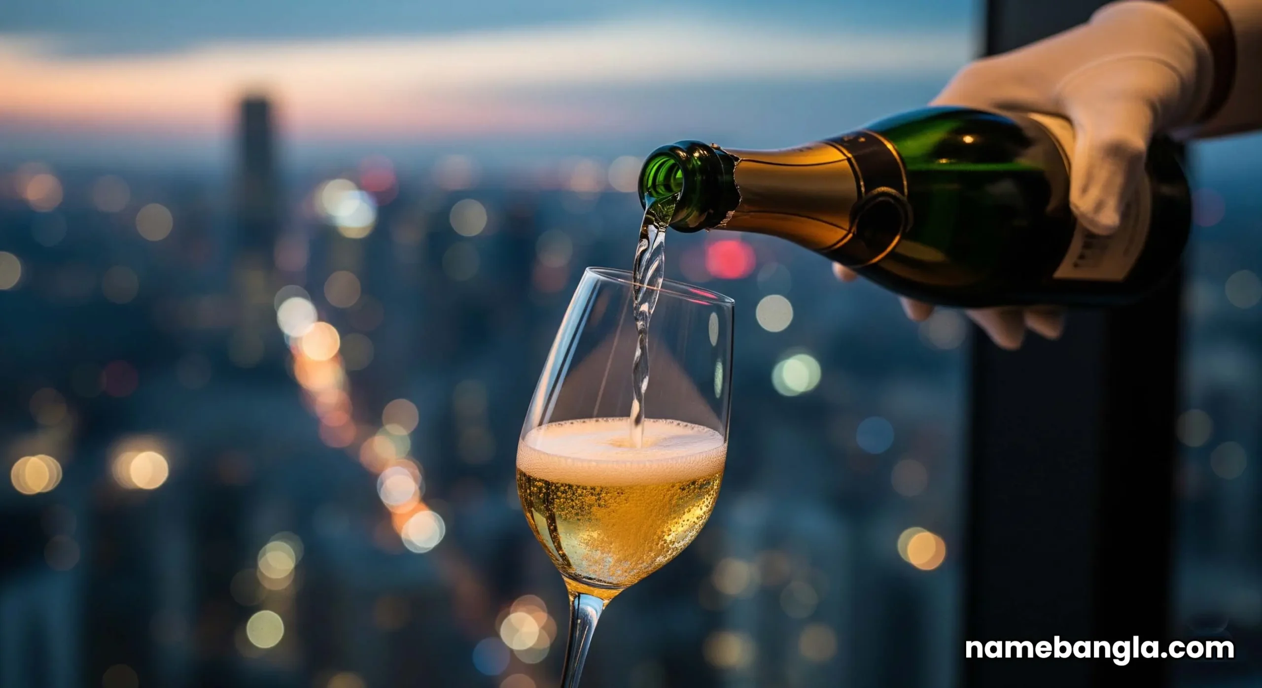 A professional hotel butler pouring a glass of champagne in a penthouse suite with a panoramic city view in the background.