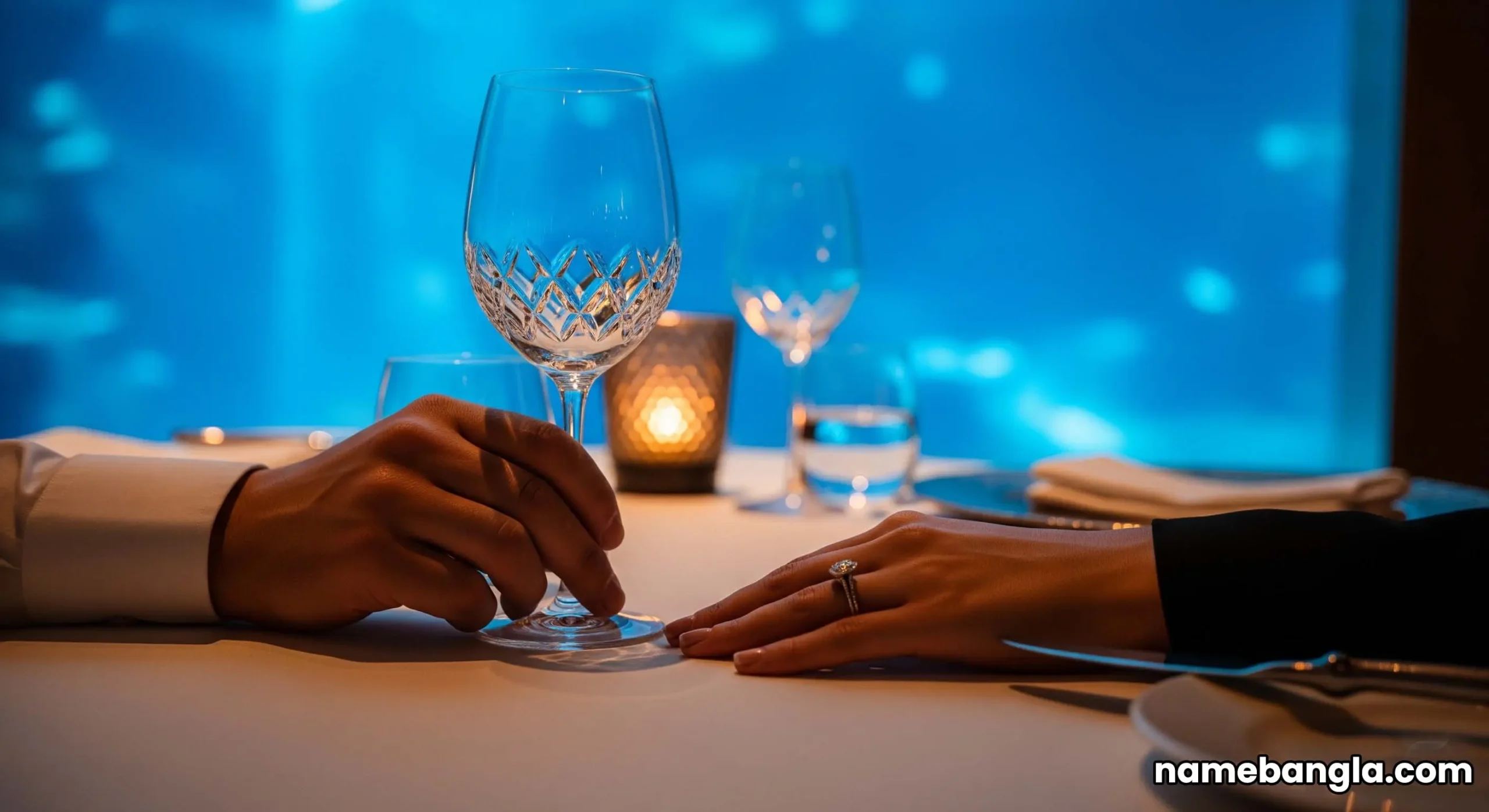 A romantic dinner setting for two at the Al Mahara underwater restaurant, with a large, glowing aquarium in the background.