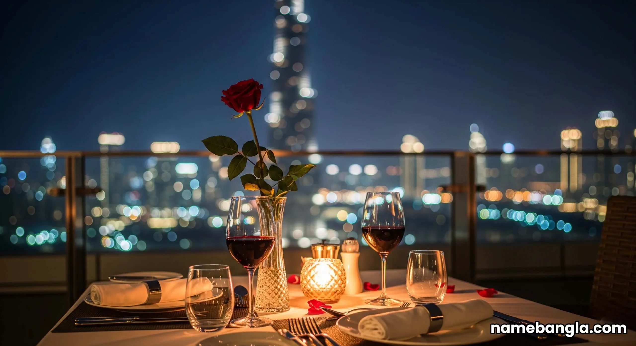 A romantic dinner setting for two on a high-rise terrace at night, with the brightly lit Burj Khalifa in the background.