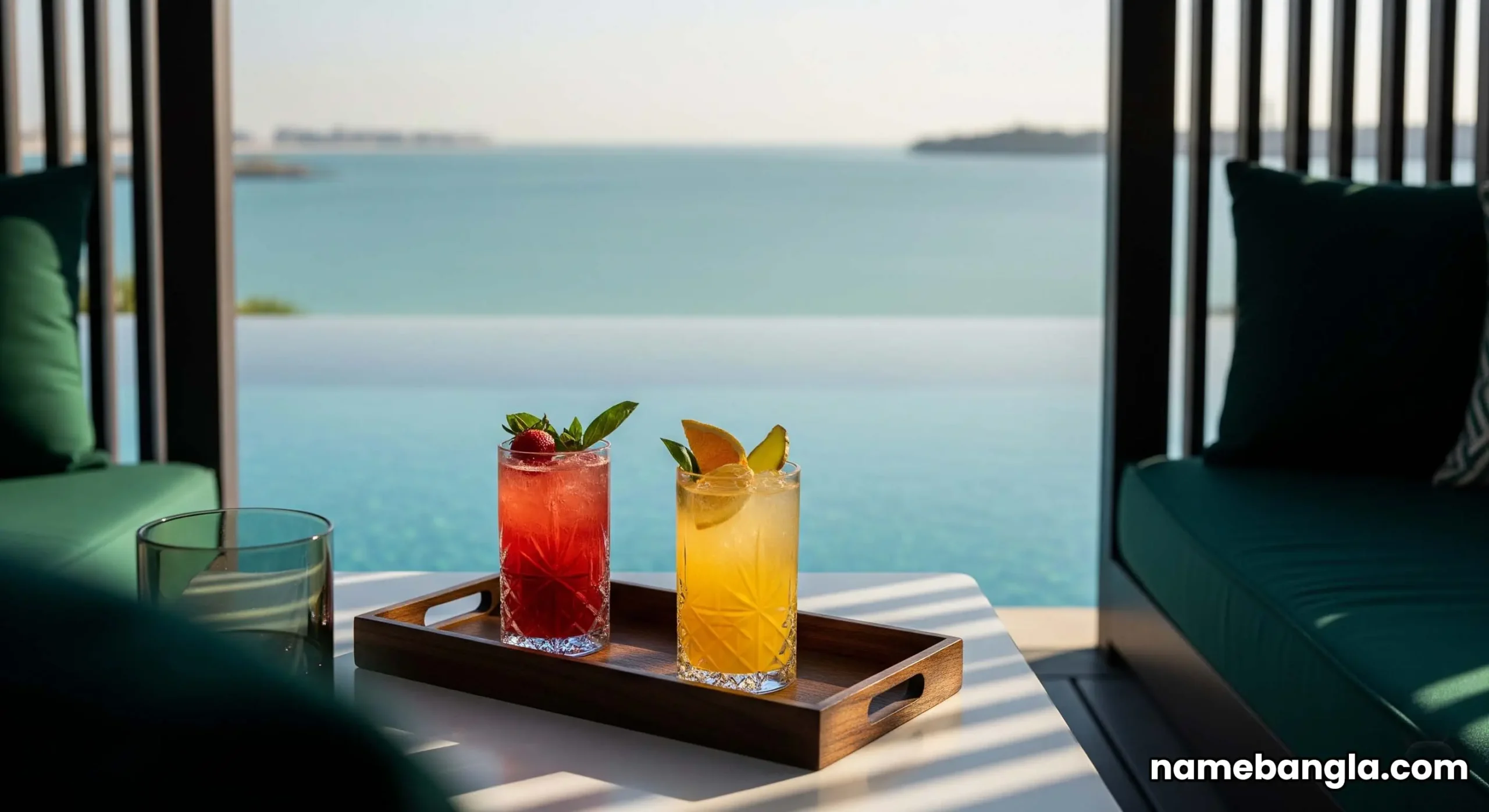 A tranquil view from a private cabana at Café del Mar Abu Dhabi, showing the infinity pool and Yas Bay.