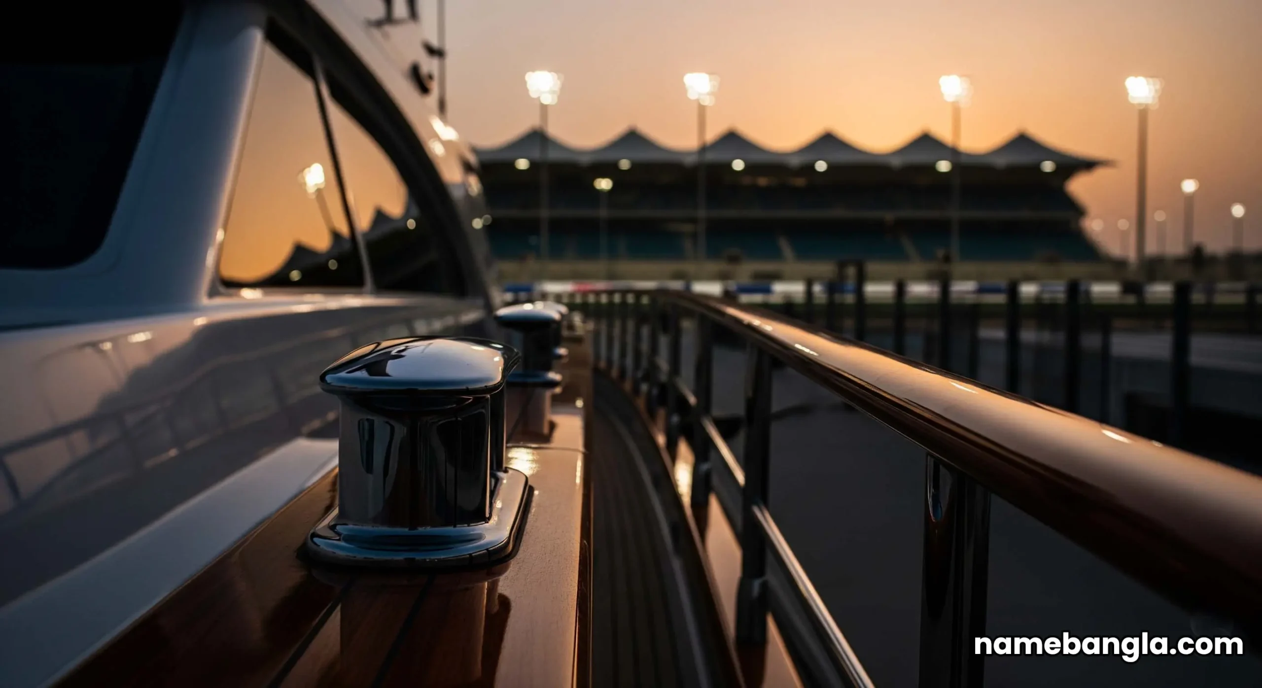 A wide shot of the superyachts moored in Yas Marina at sunset, with the famous race track visible in the background.