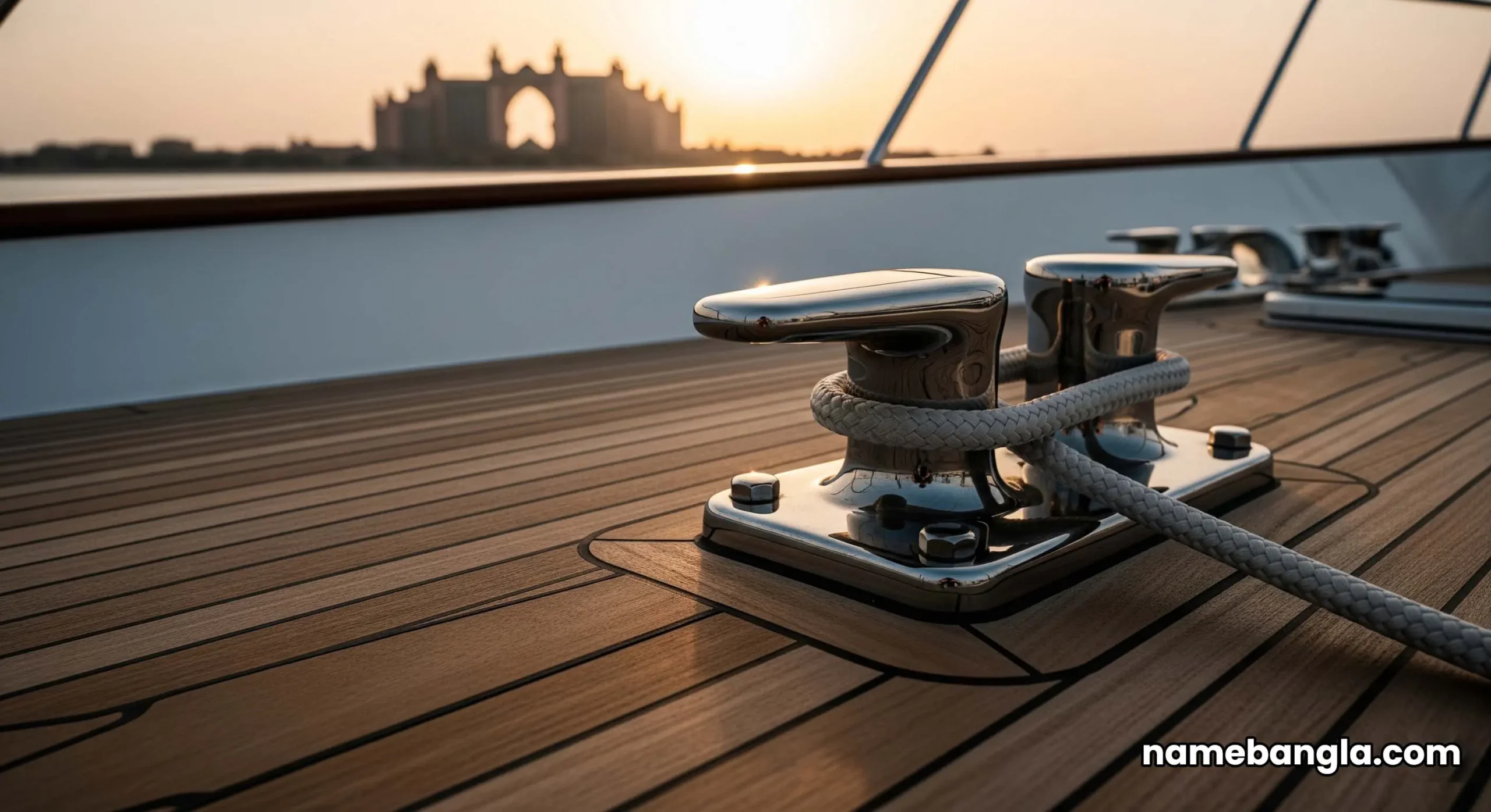 An aerial view of a 140-foot luxury superyacht charter sailing near Atlantis The Royal in Dubai at sunset.