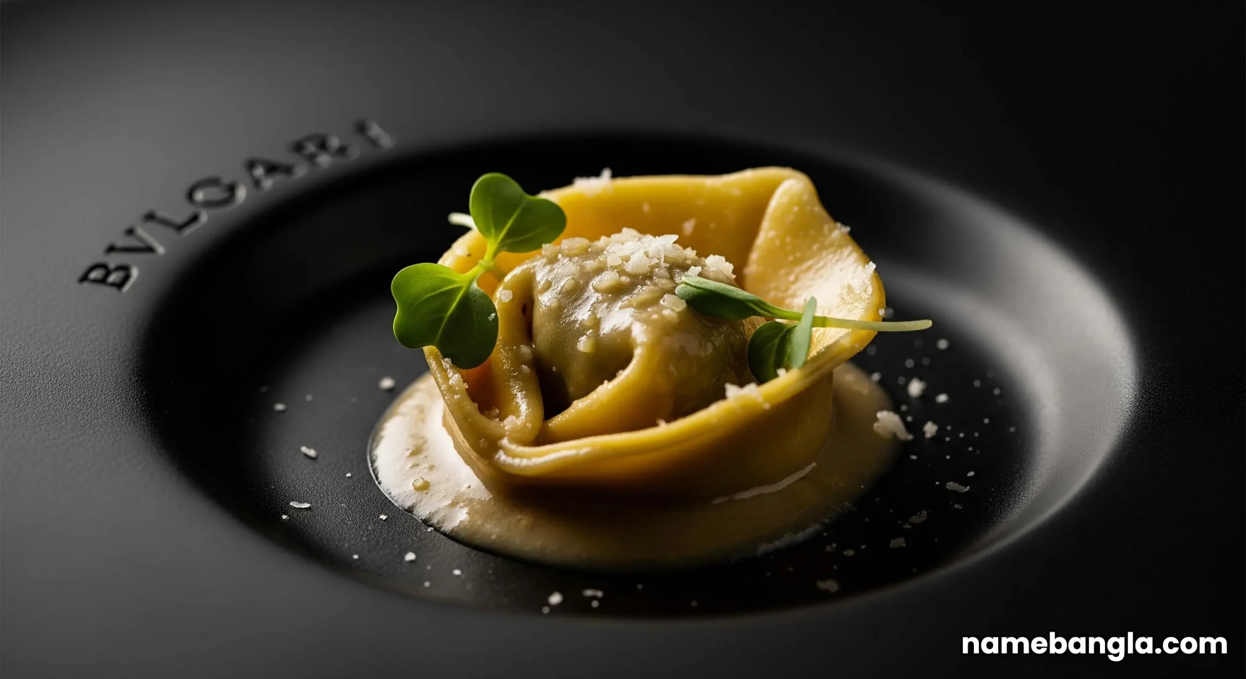 An artistic, close-up photo of a gourmet pasta dish on a designer Bvlgari plate at Il Ristorante Niko Romito.