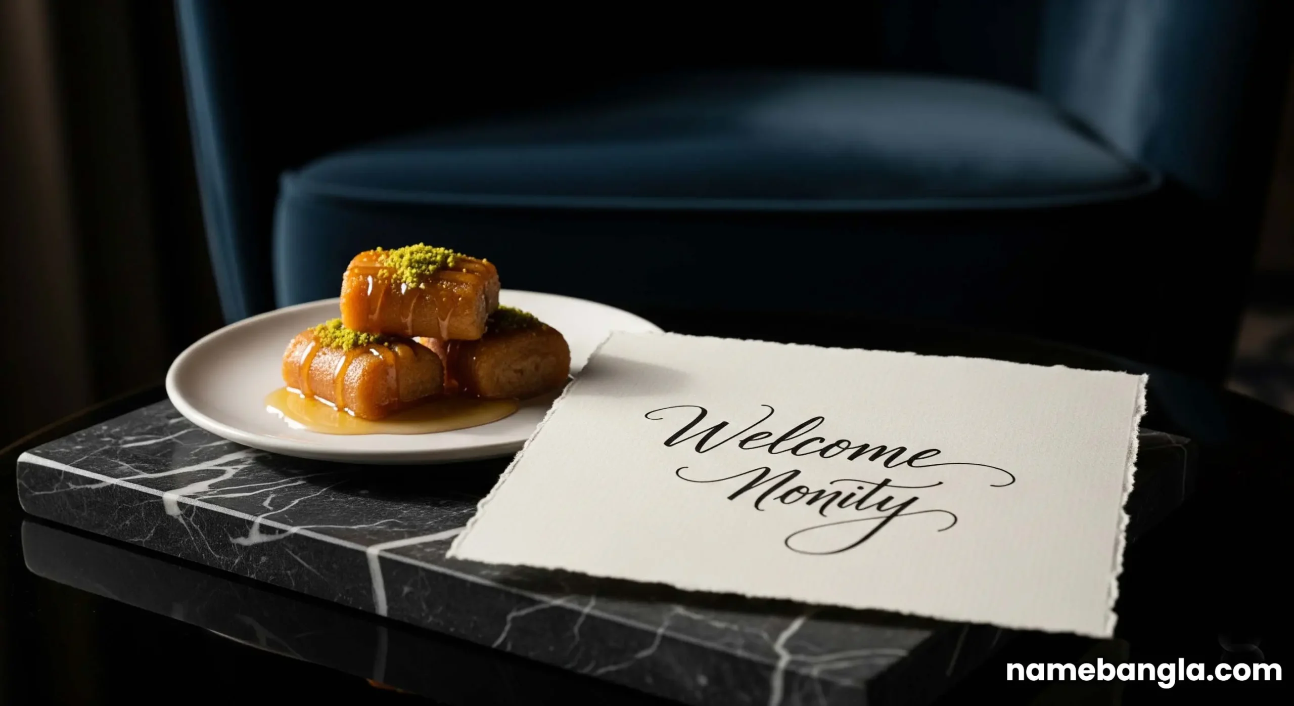 An elegant close-up of a handwritten welcome note and gourmet Arabic sweets on a marble table in a luxury Yas Island hotel suite.