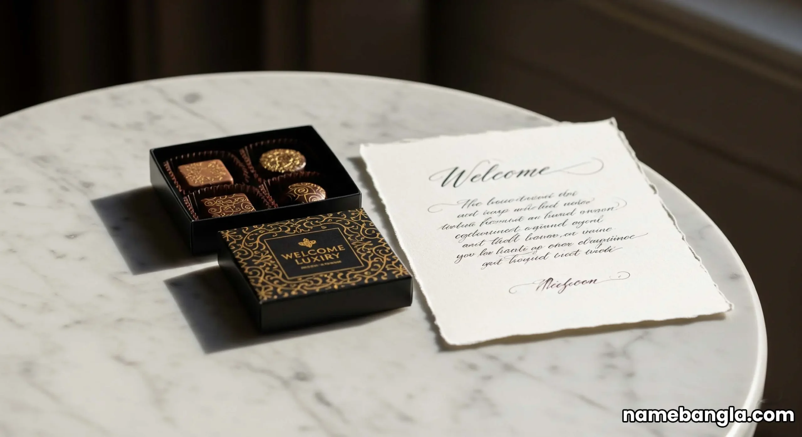 An elegant close-up of a personalized welcome gift, including a handwritten card and luxury chocolates, in a 7-star Dubai hotel suite.