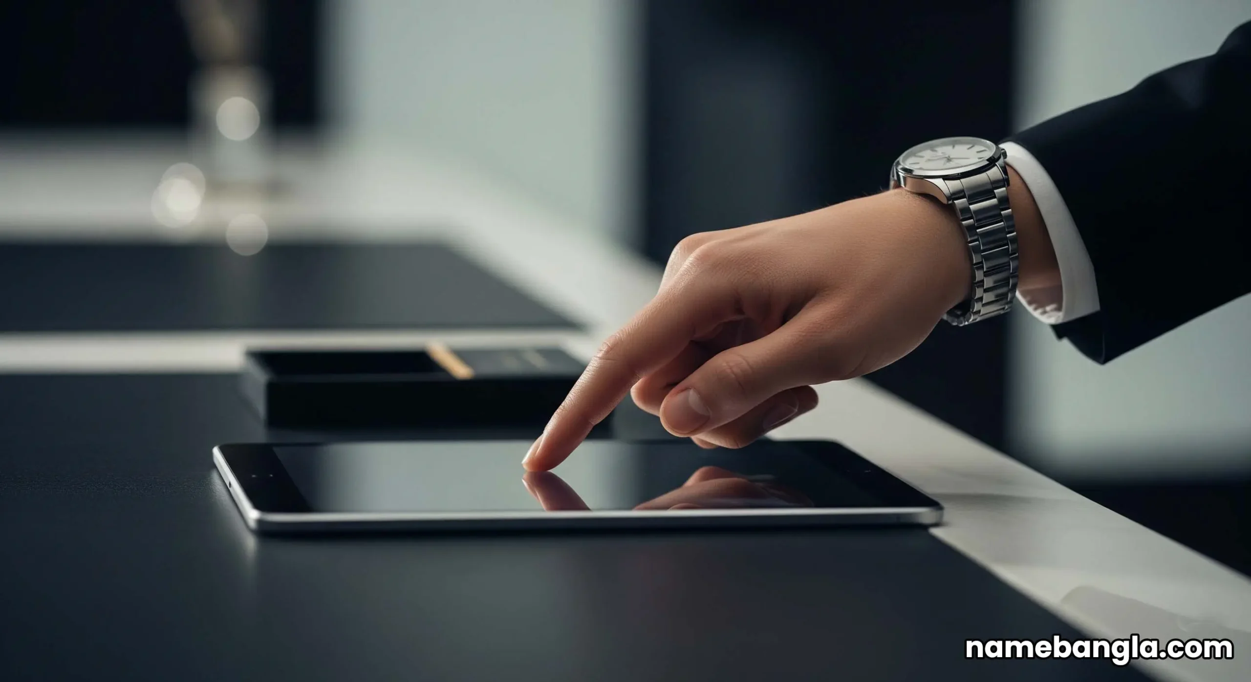 An elegant concierge at a marble desk uses a tablet to arrange a bespoke experience for a guest.