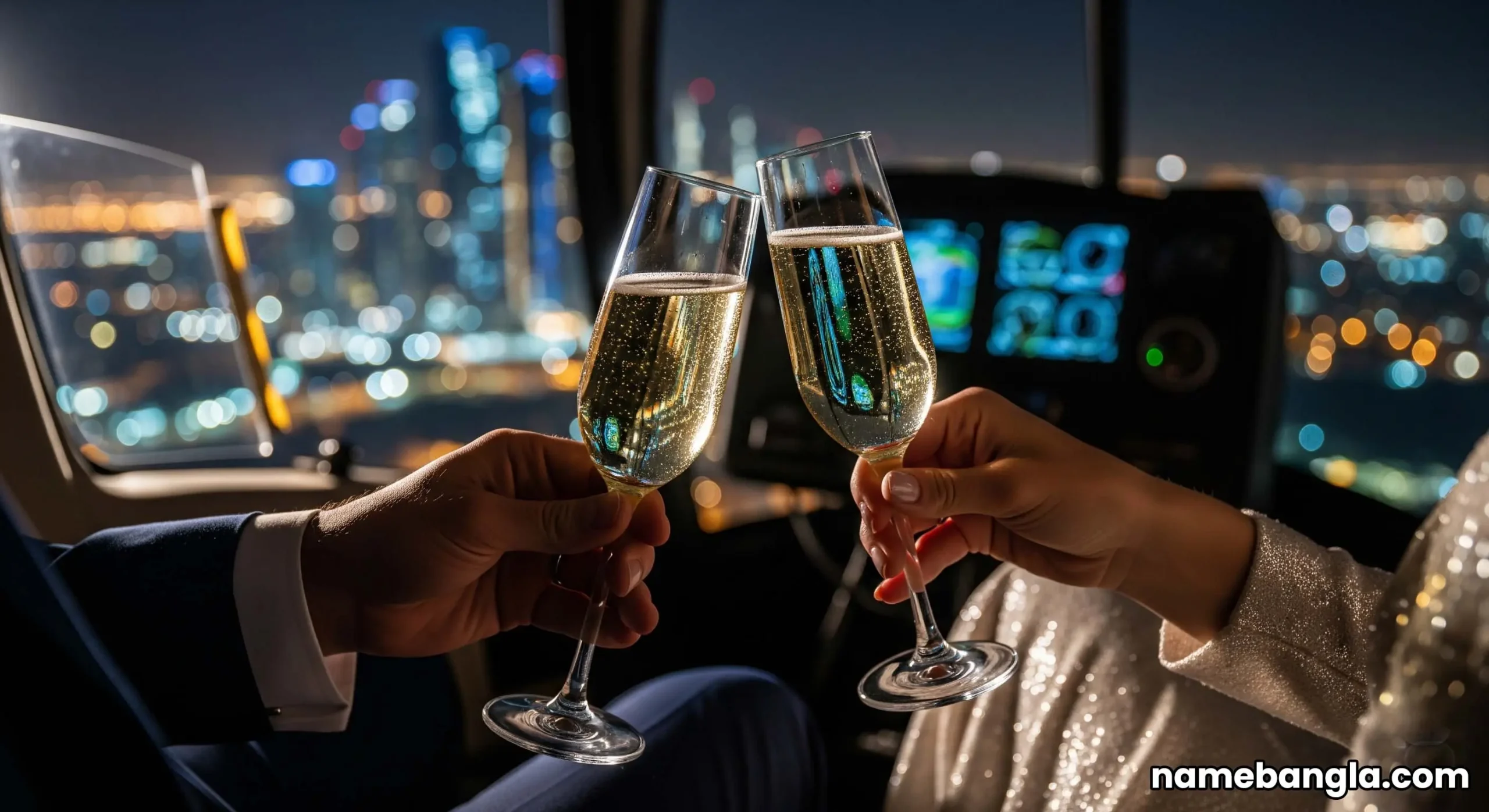 An elegant couple celebrating with champagne inside a private helicopter, with the sparkling city lights of Abu Dhabi blurred in the background.