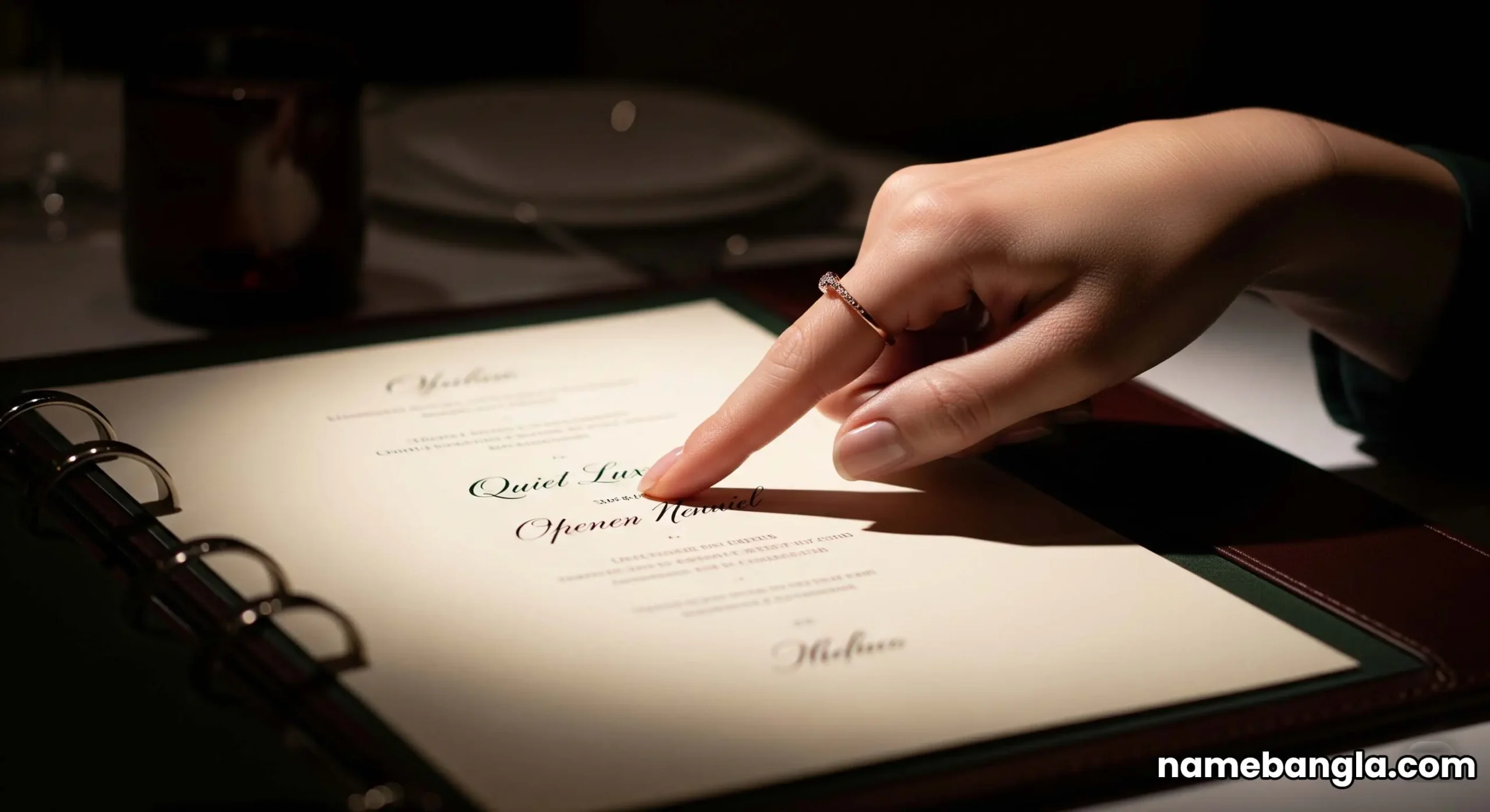 An insider's view of a curated dining experience, with a hand selecting an item from a bespoke menu in an exclusive, luxury restaurant.