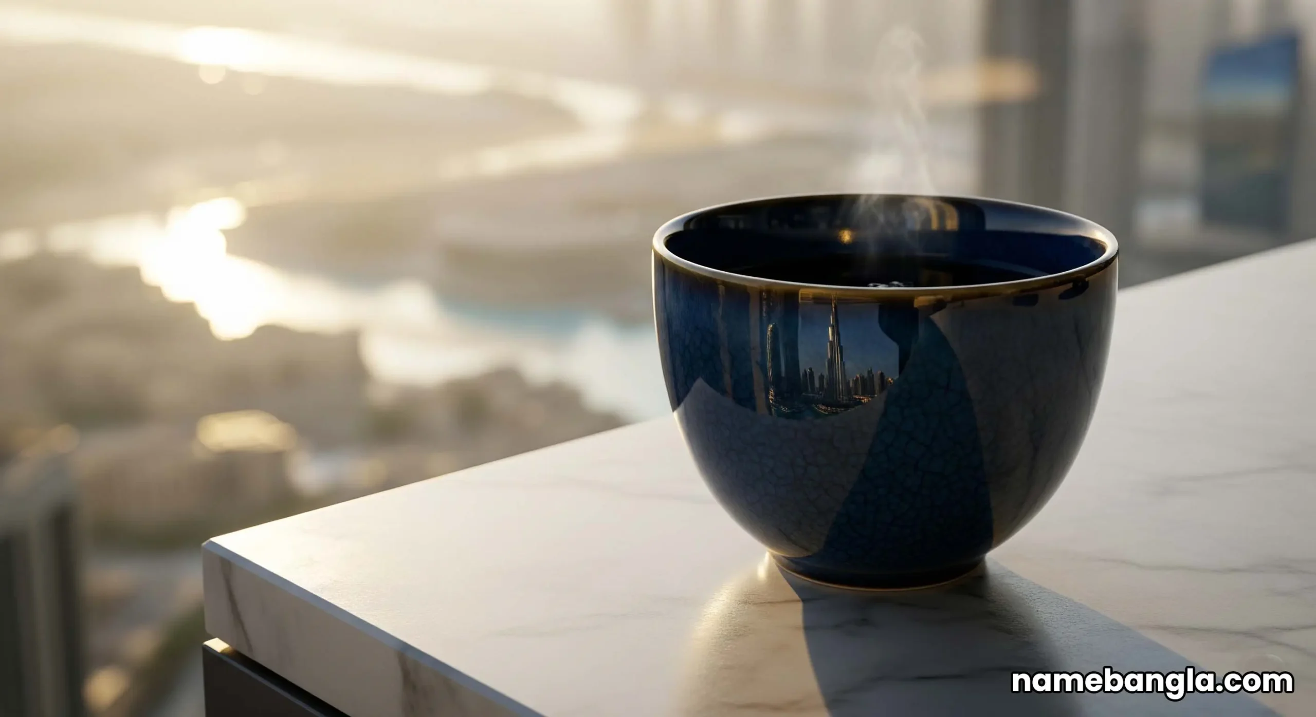 The Dubai skyline at sunrise seen from a luxury penthouse balcony, with a perfect view of the Burj Khalifa.