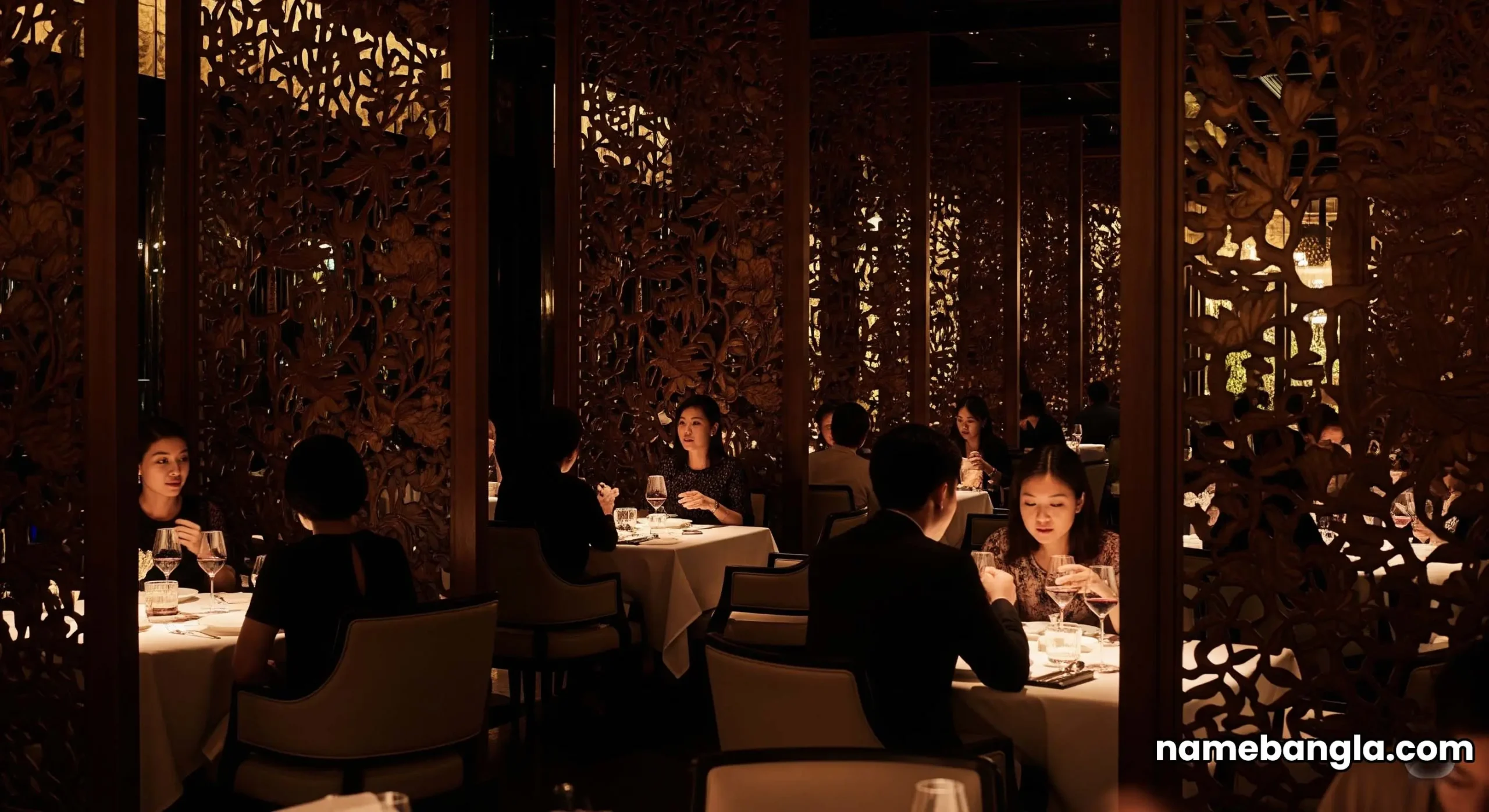The chic and atmospheric interior of the Michelin-starred Hakkasan restaurant in Abu Dhabi, filled with diners at carved wooden tables.