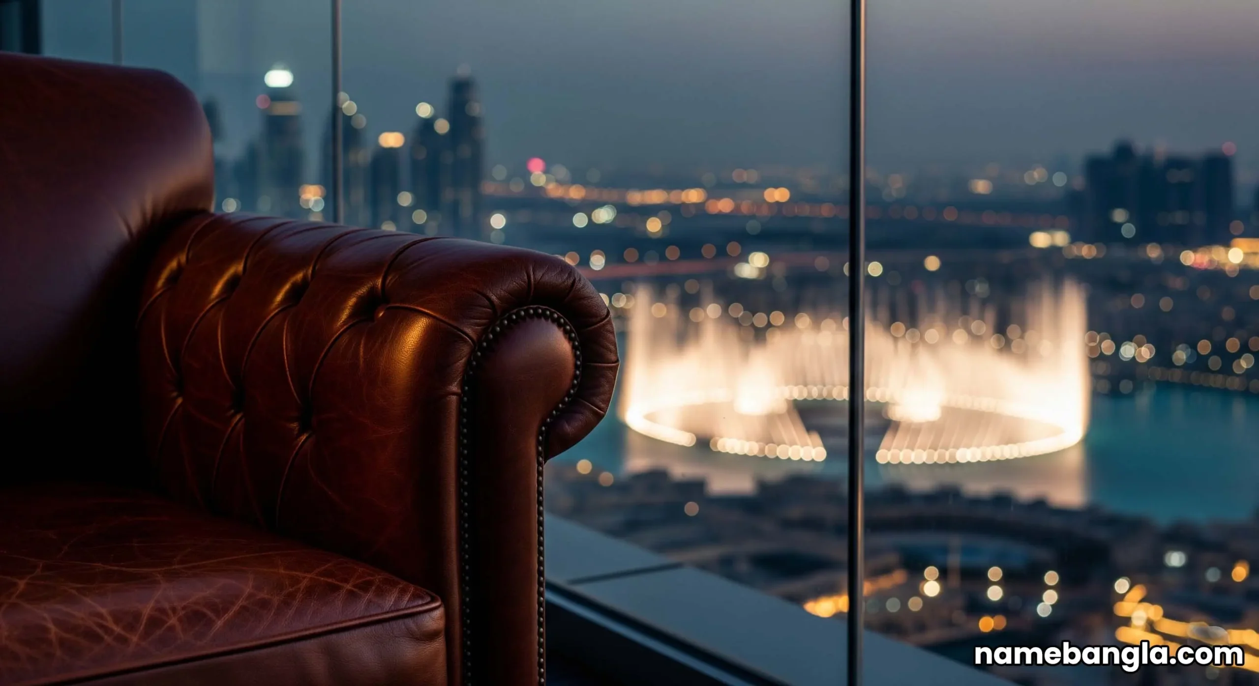 The glittering Dubai skyline at night seen from a high-floor luxury apartment balcony with a chair.