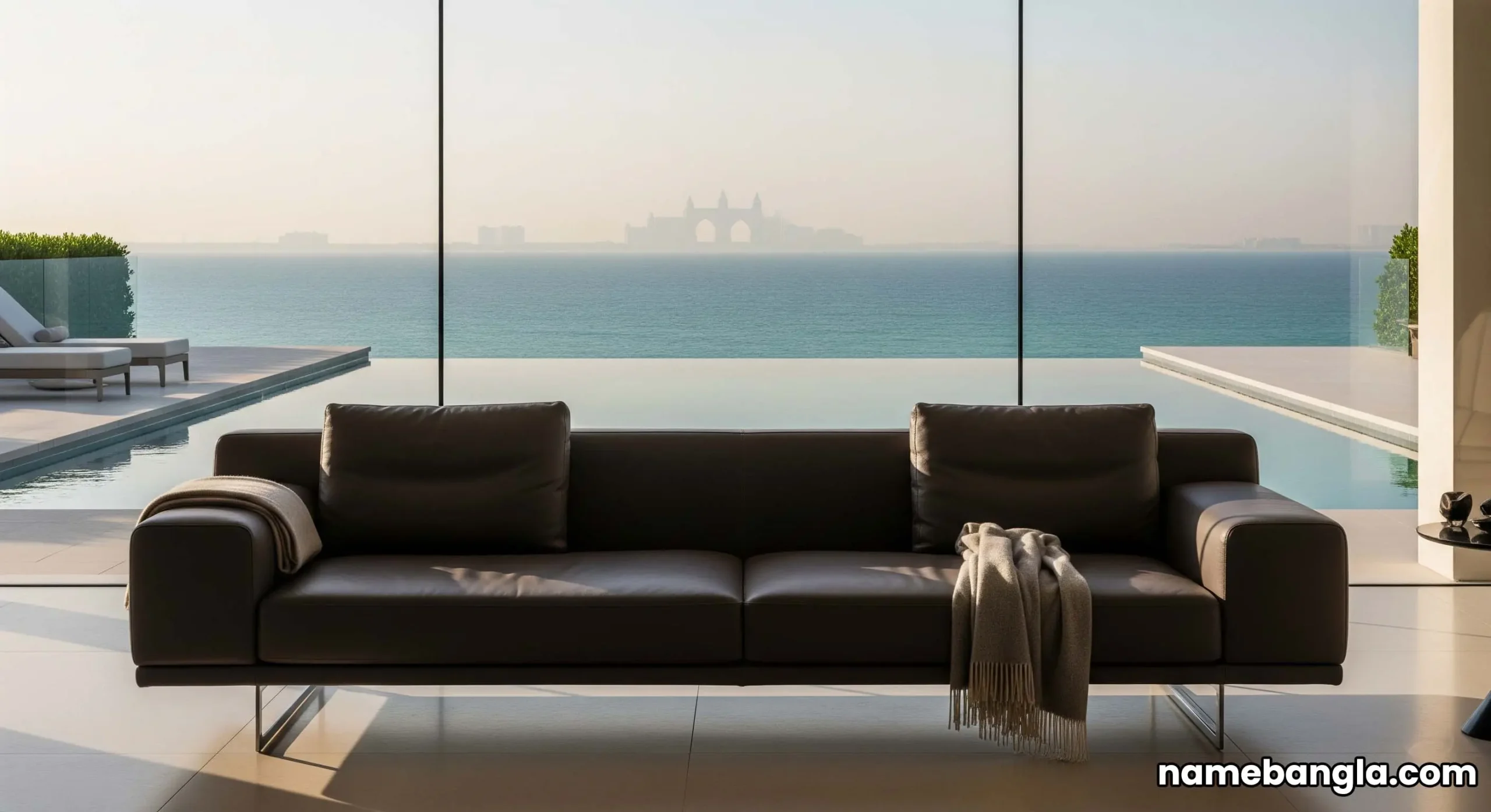 The living room of a Palm Jumeirah villa looking out onto the infinity pool and the sea.