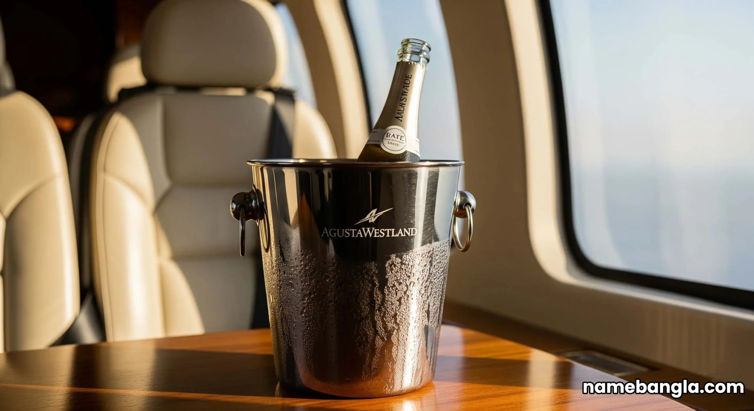The luxurious cream leather interior of a VIP helicopter with a bottle of sparkling date juice chilling on ice.
