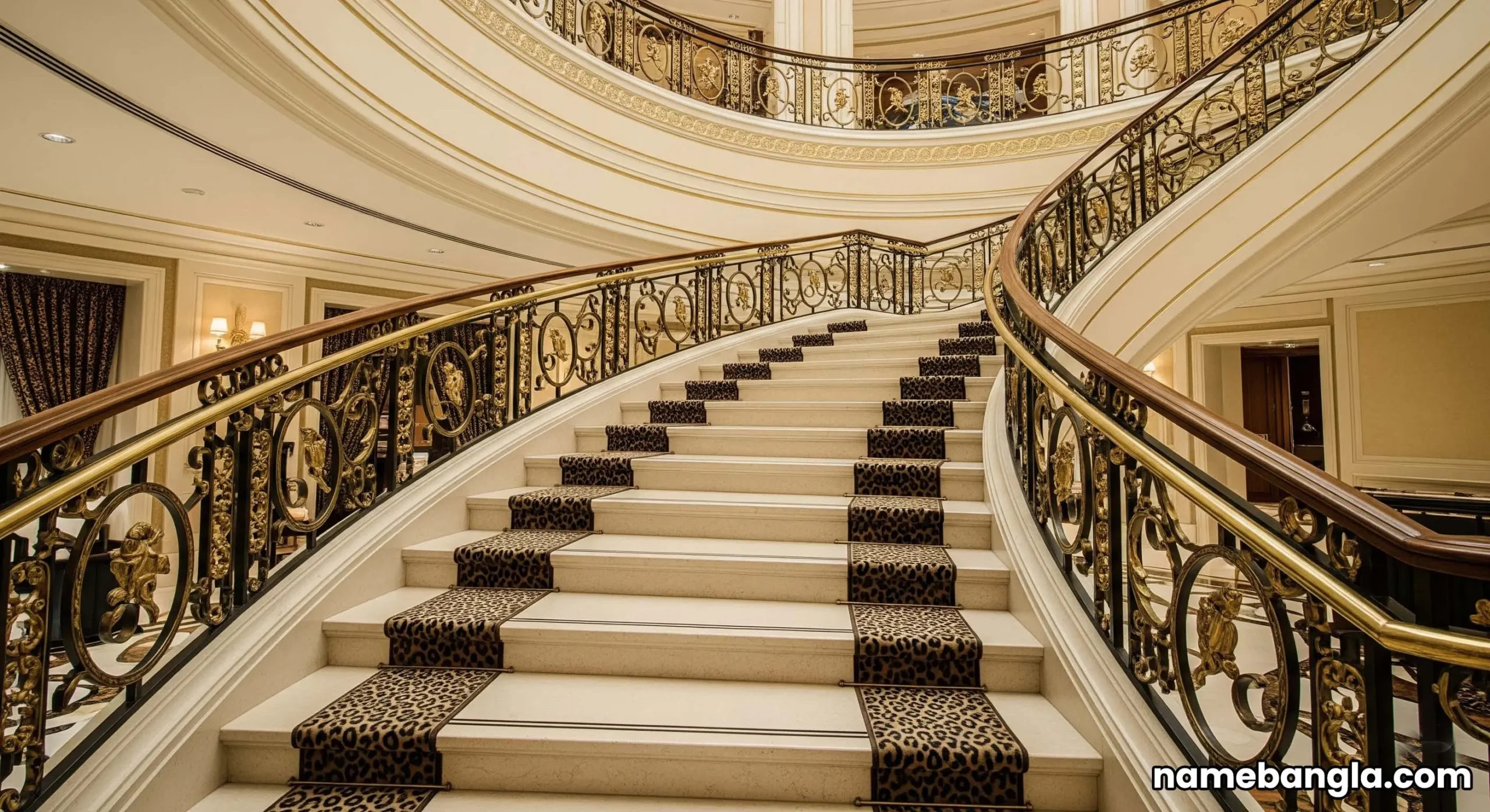 The magnificent two-story view of the marble and gold grand staircase inside the Burj Al Arab Royal Suite.
