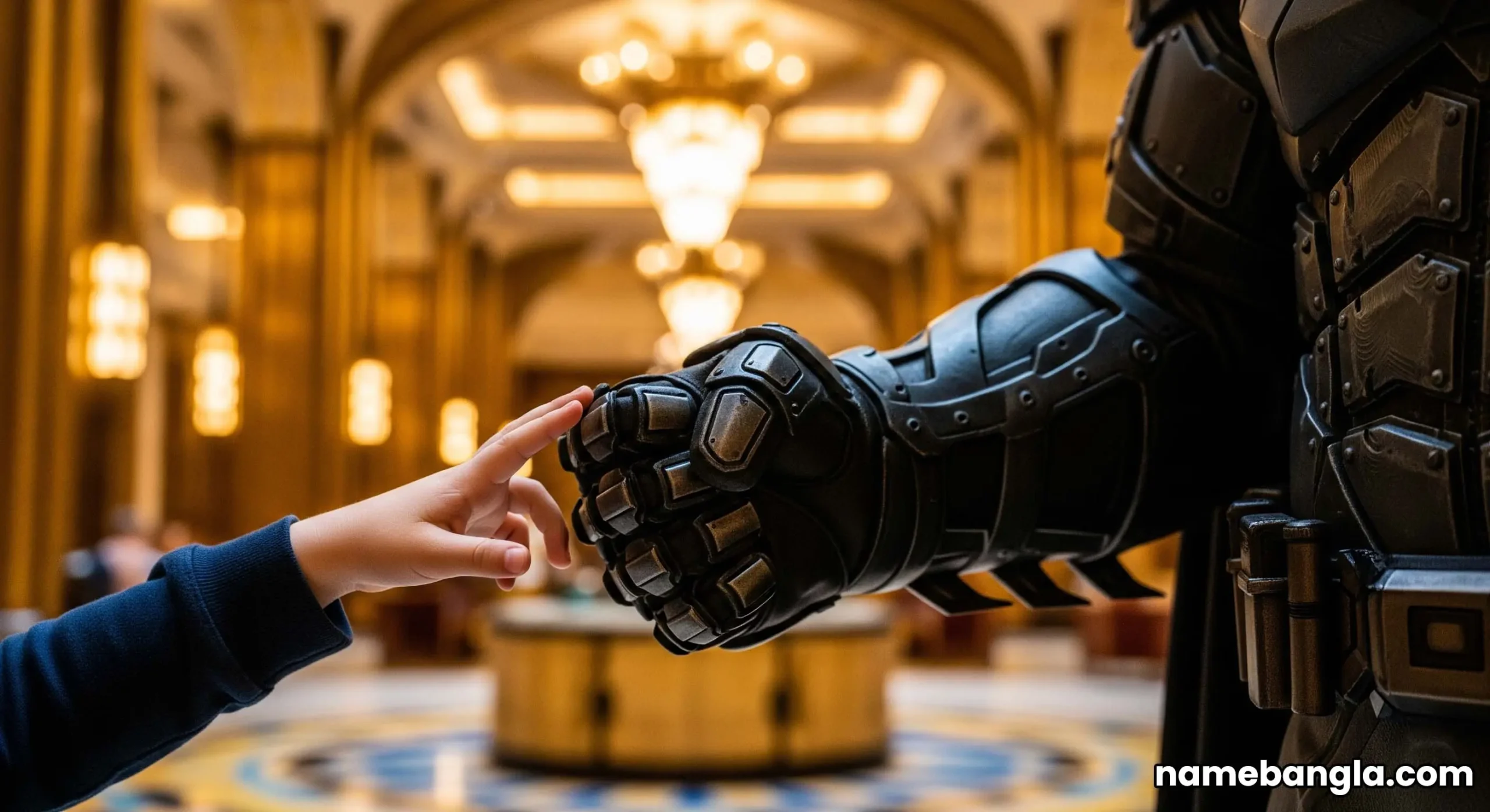 Two young children marveling at a costumed superhero inside the luxurious, art-deco lobby of The WB Abu Dhabi hotel.