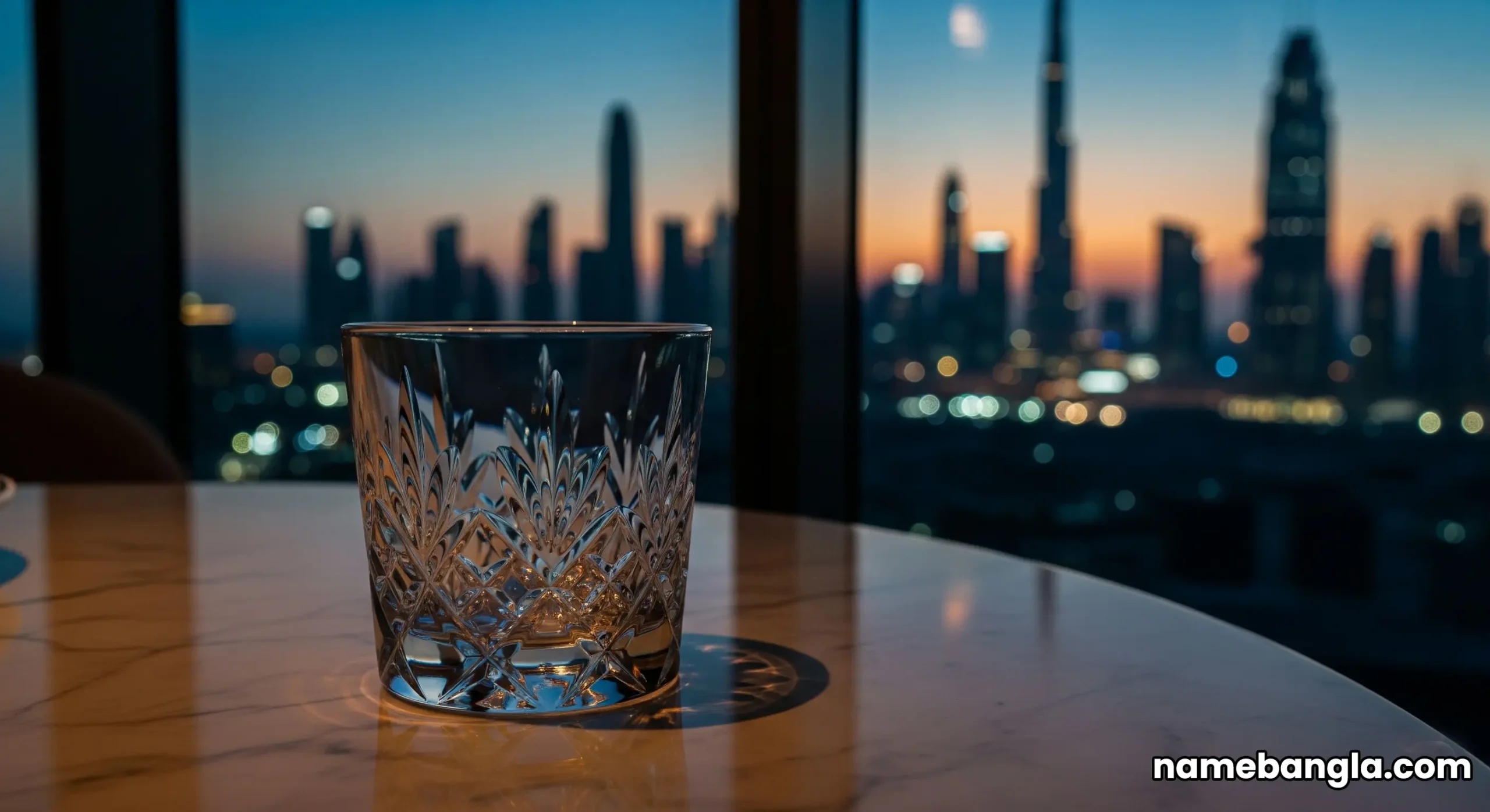 A breathtaking sunset view of the Dubai skyline from the floor-to-ceiling windows of the Burj Al Arab's Royal Suite.