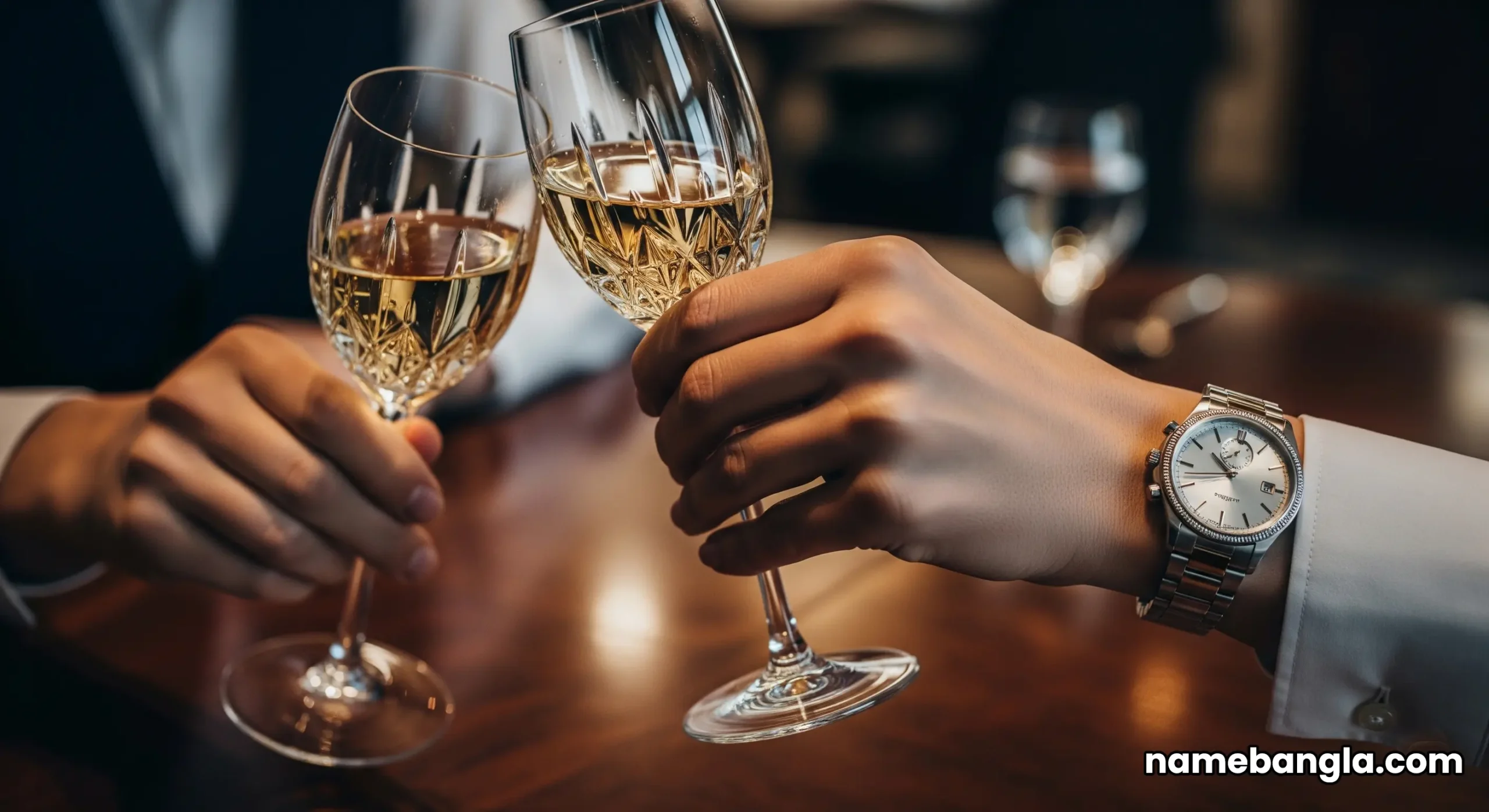 A close-up of a man's luxury watch and a woman's elegant hand as they toast with champagne glasses at a table in Al Mahara.
