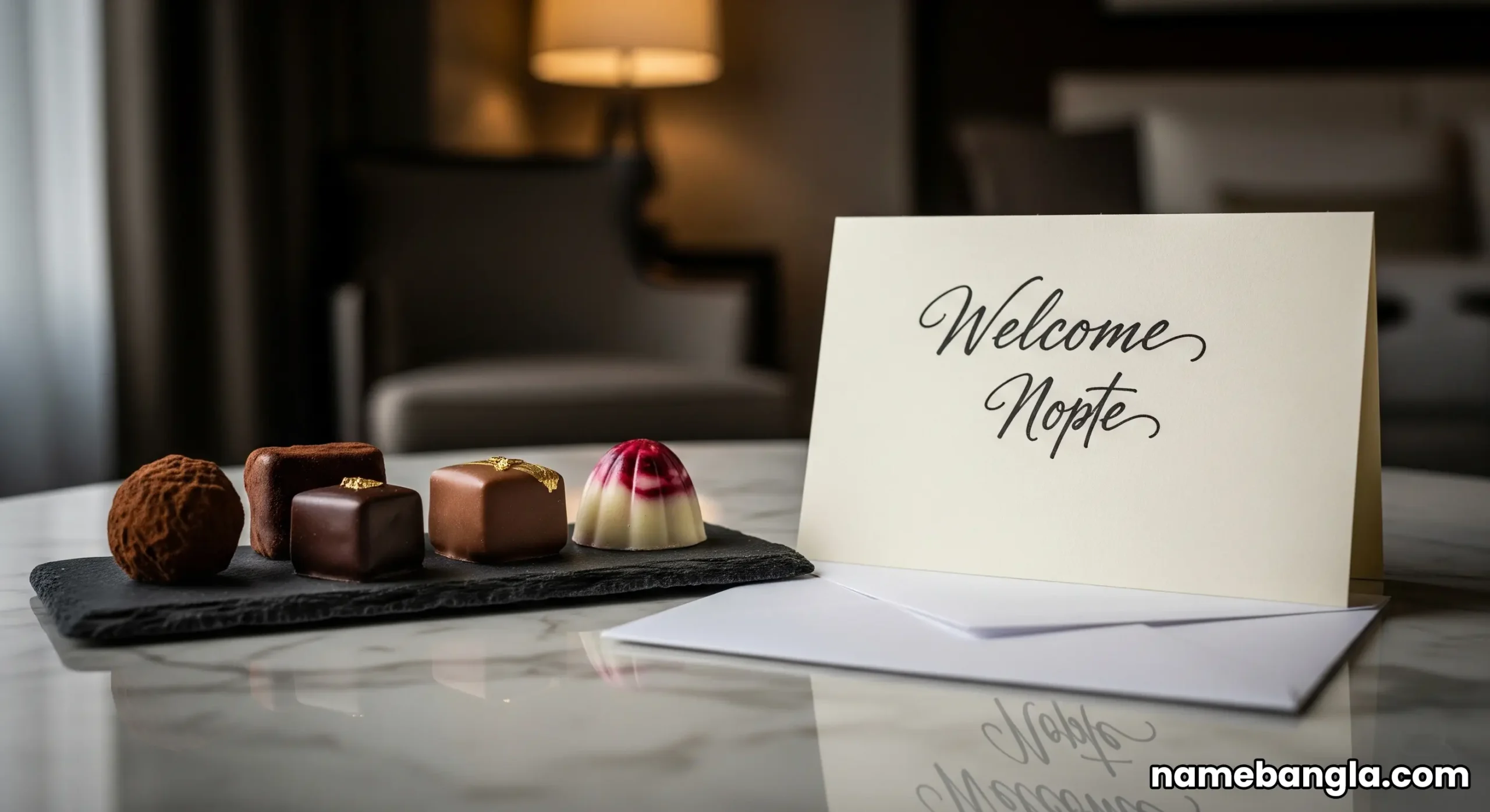 A close-up of a personalized welcome amenity, including chocolates and a note, on a marble table in a Burj Al Arab suite.
