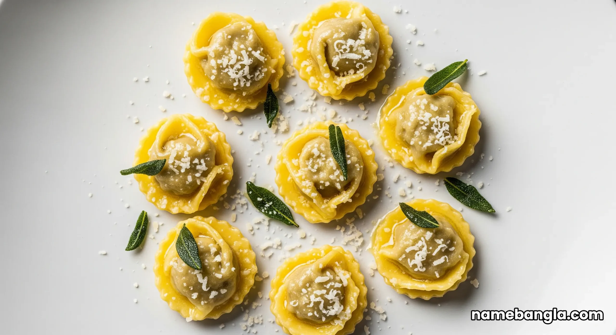 A close-up, top-down photo of Al Muntaha's signature ravioli dish, meticulously plated on a designer dish.
