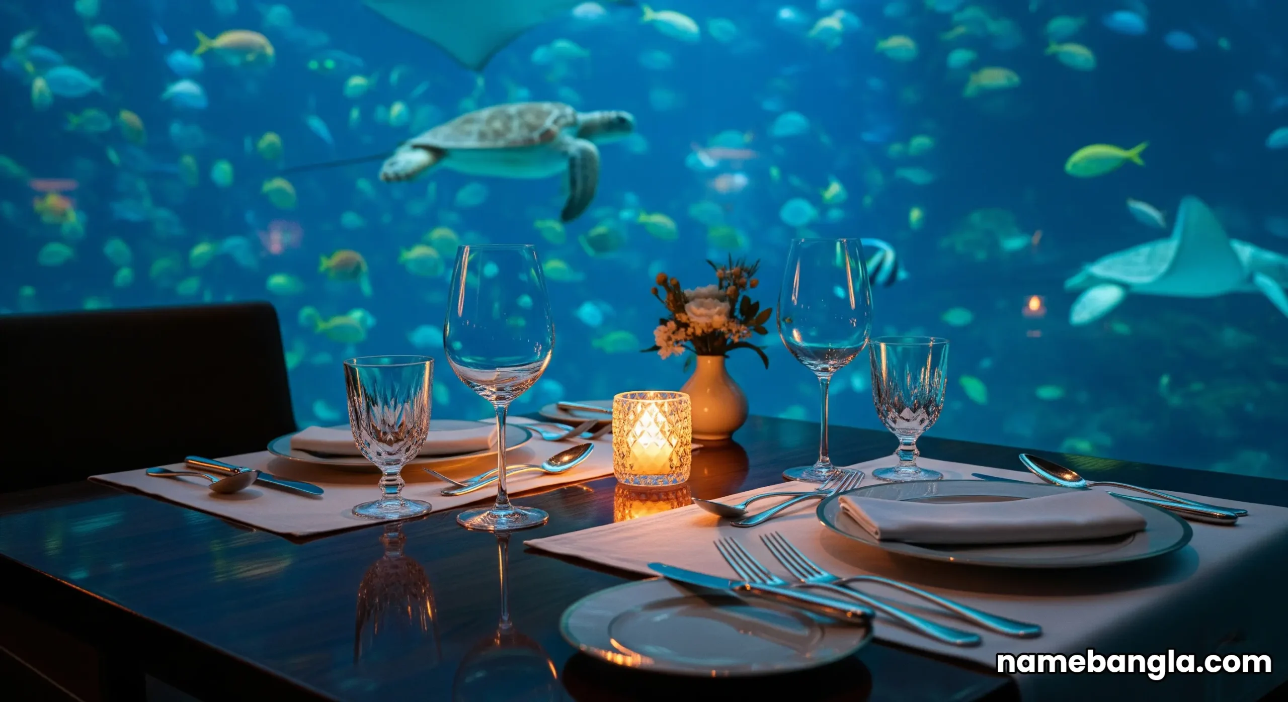 A couple dining at Ristorante L'Olivo at Al Mahara, with the large, vibrant aquarium wall in the background.