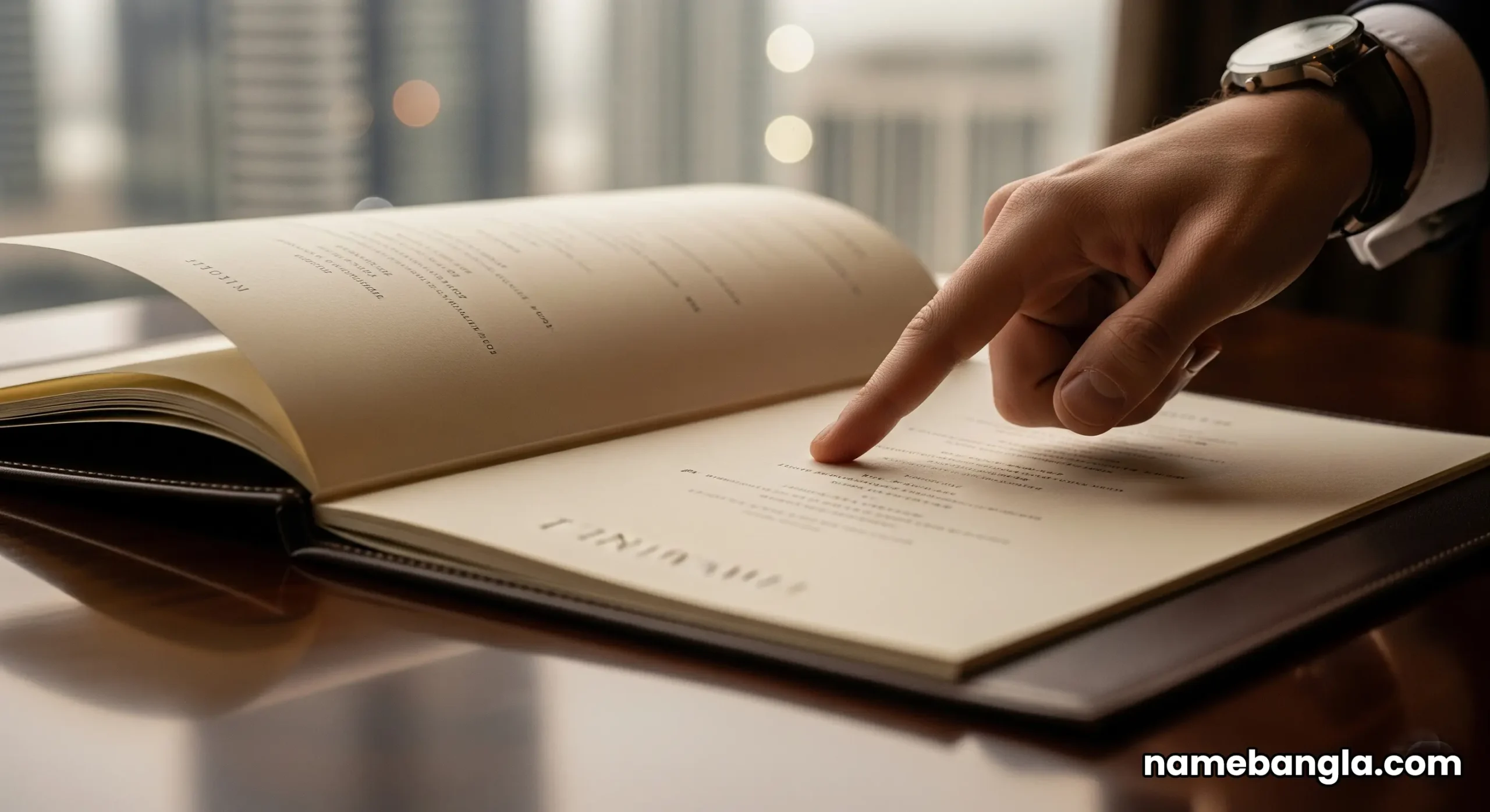A diner's hand pointing to a selection in a luxurious, leather-bound wine menu, with the stunning Dubai skyline blurred in the background.