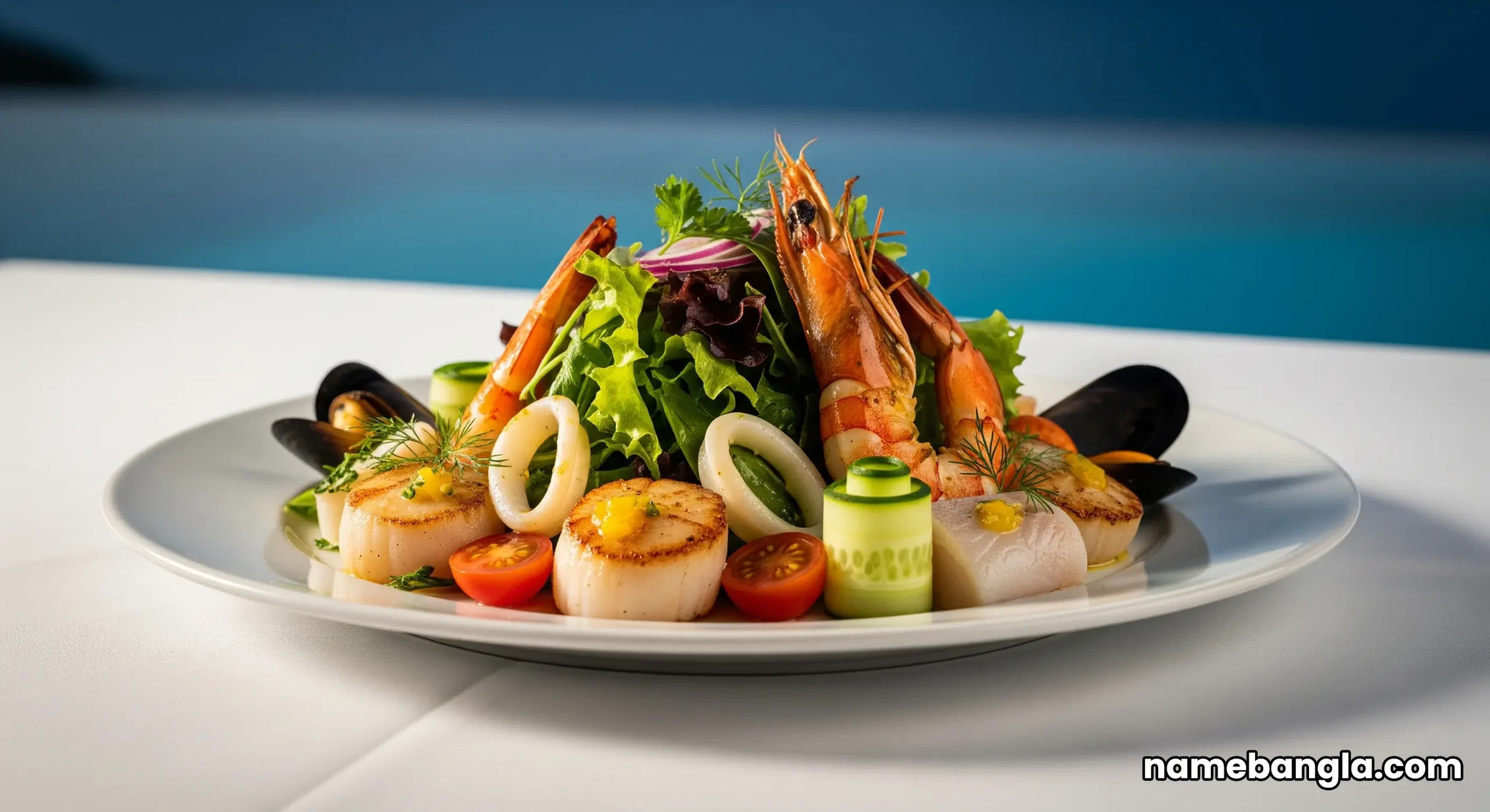 A gourmet seafood dish served at SAL restaurant on the Burj Al Arab Terrace, with the sparkling pool in the background.