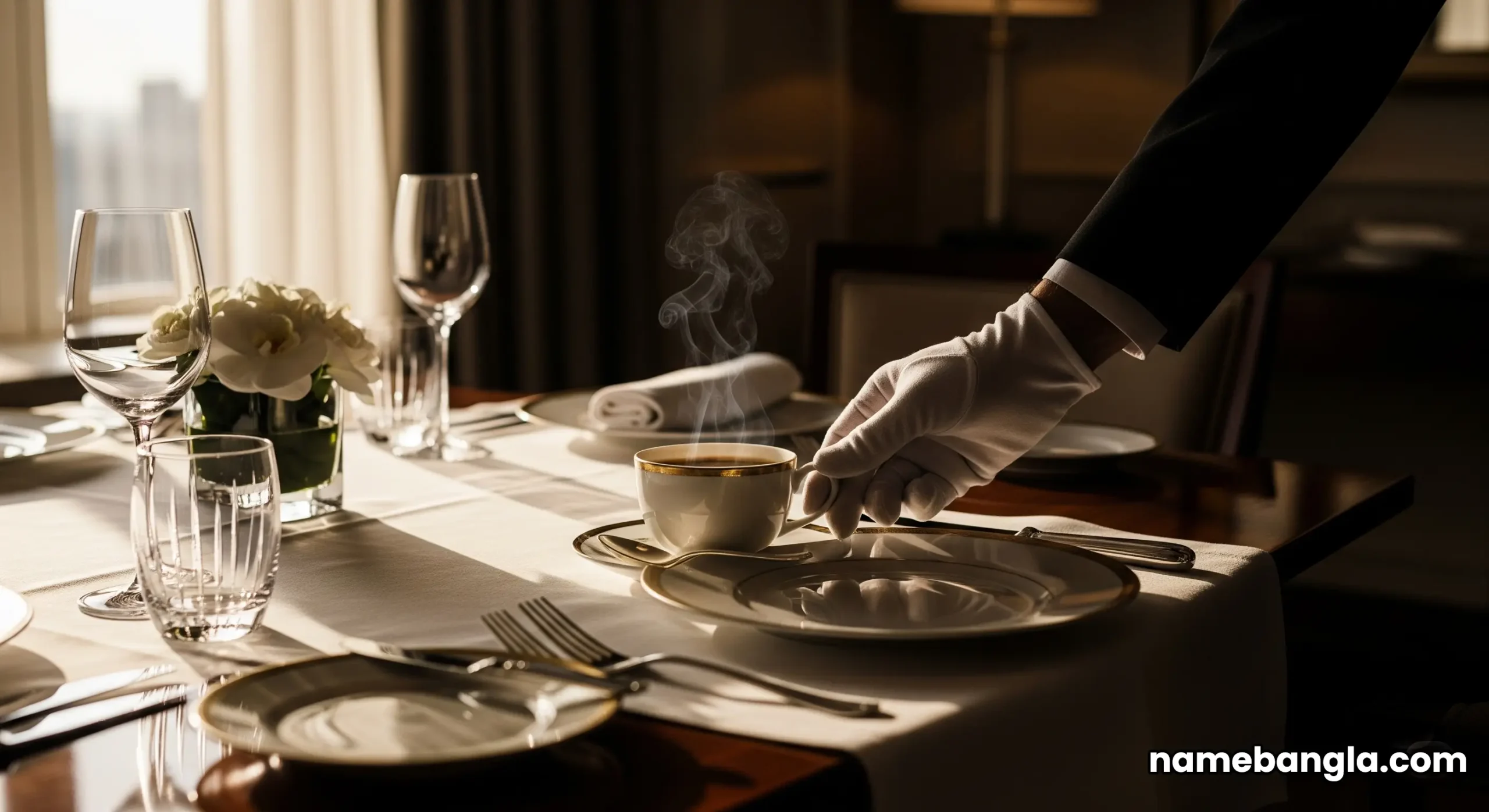 A professional butler setting a coffee cup in the Royal Suite's private dining room, symbolizing bespoke service.