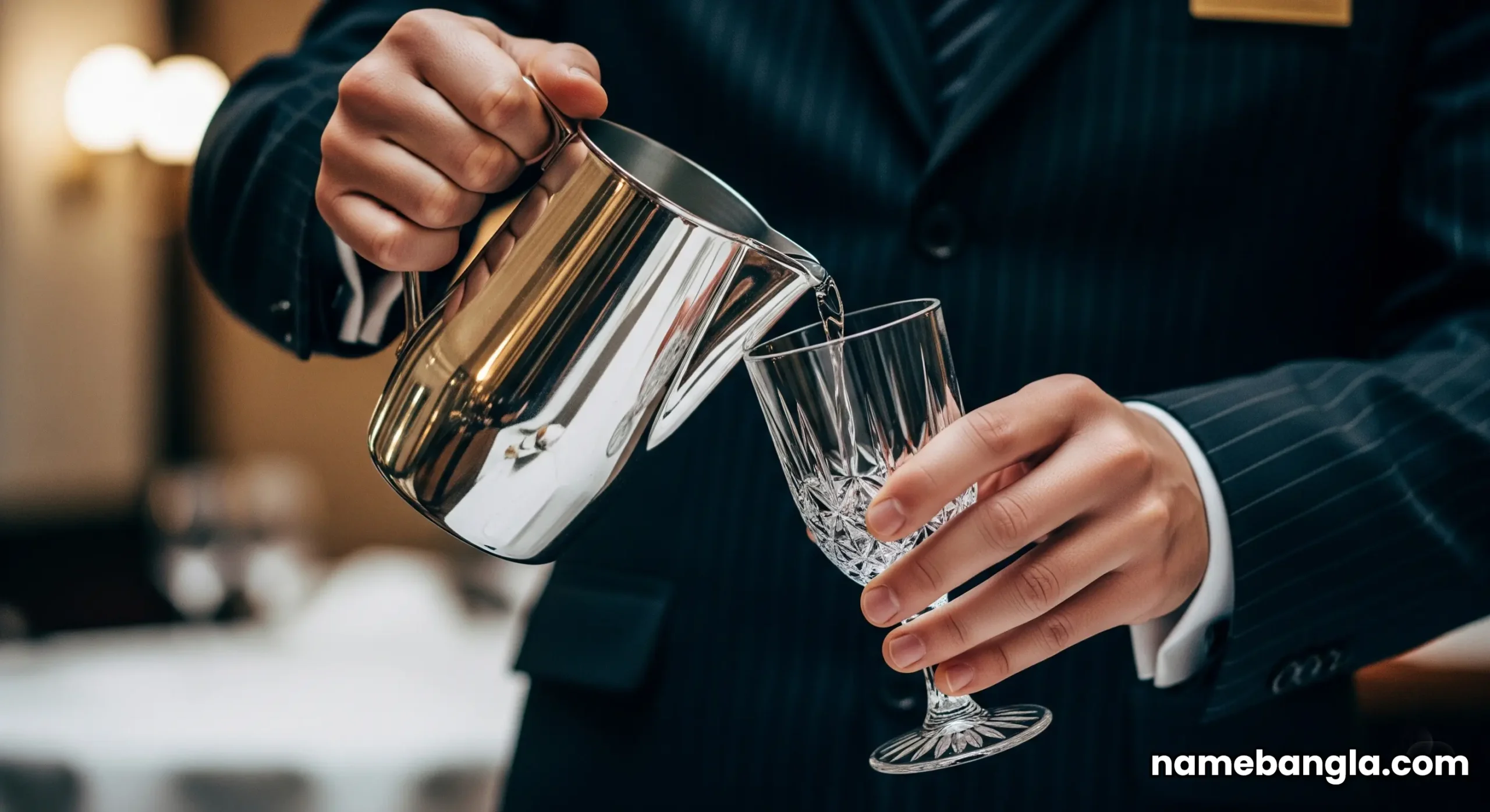 A professional waiter's hands carefully pouring sparkling water into a crystal goblet at a finely set table in Al Muntaha.