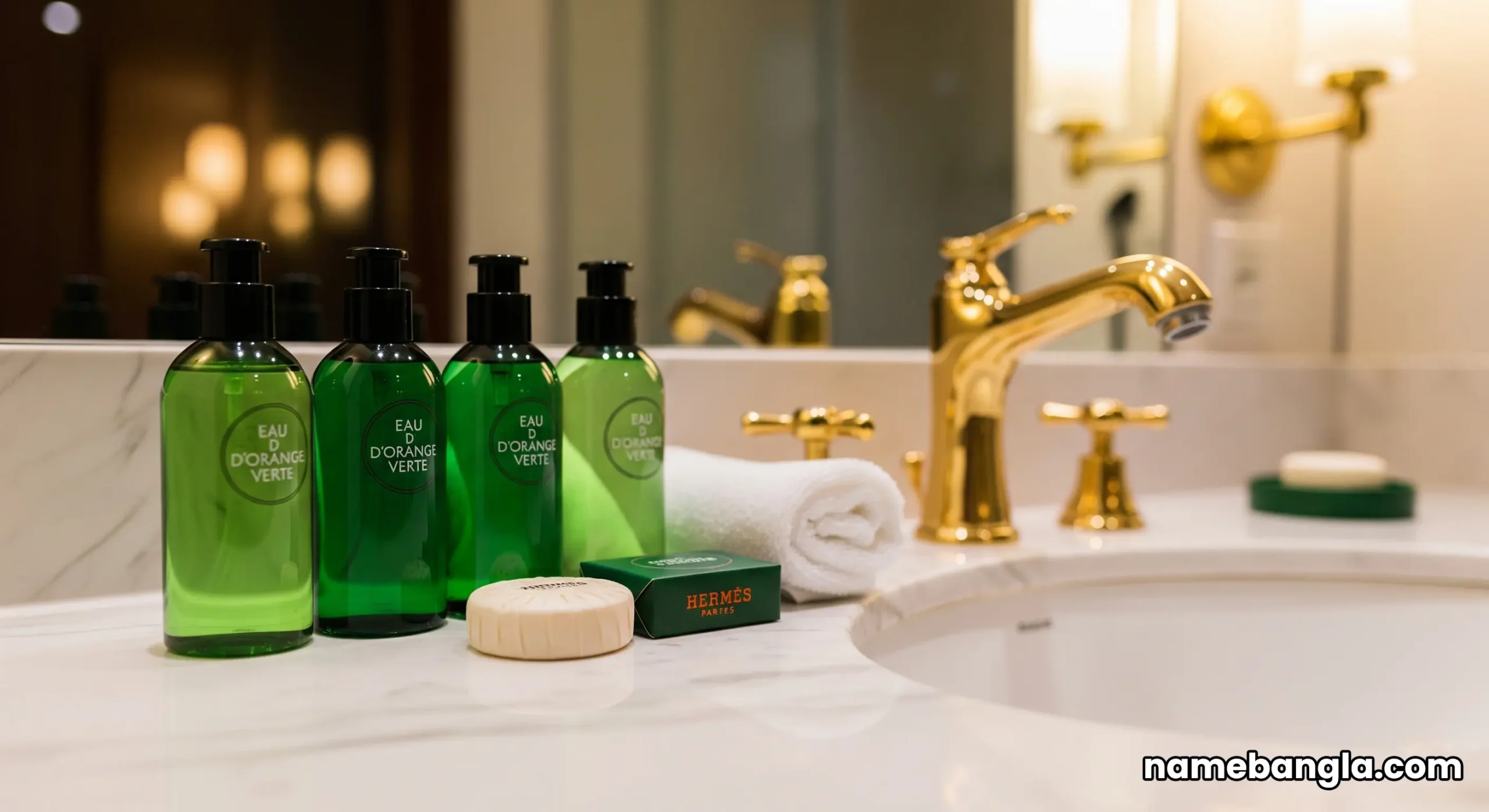 A set of full-sized Hermès luxury bath products arranged on a marble counter in a lavish hotel bathroom.