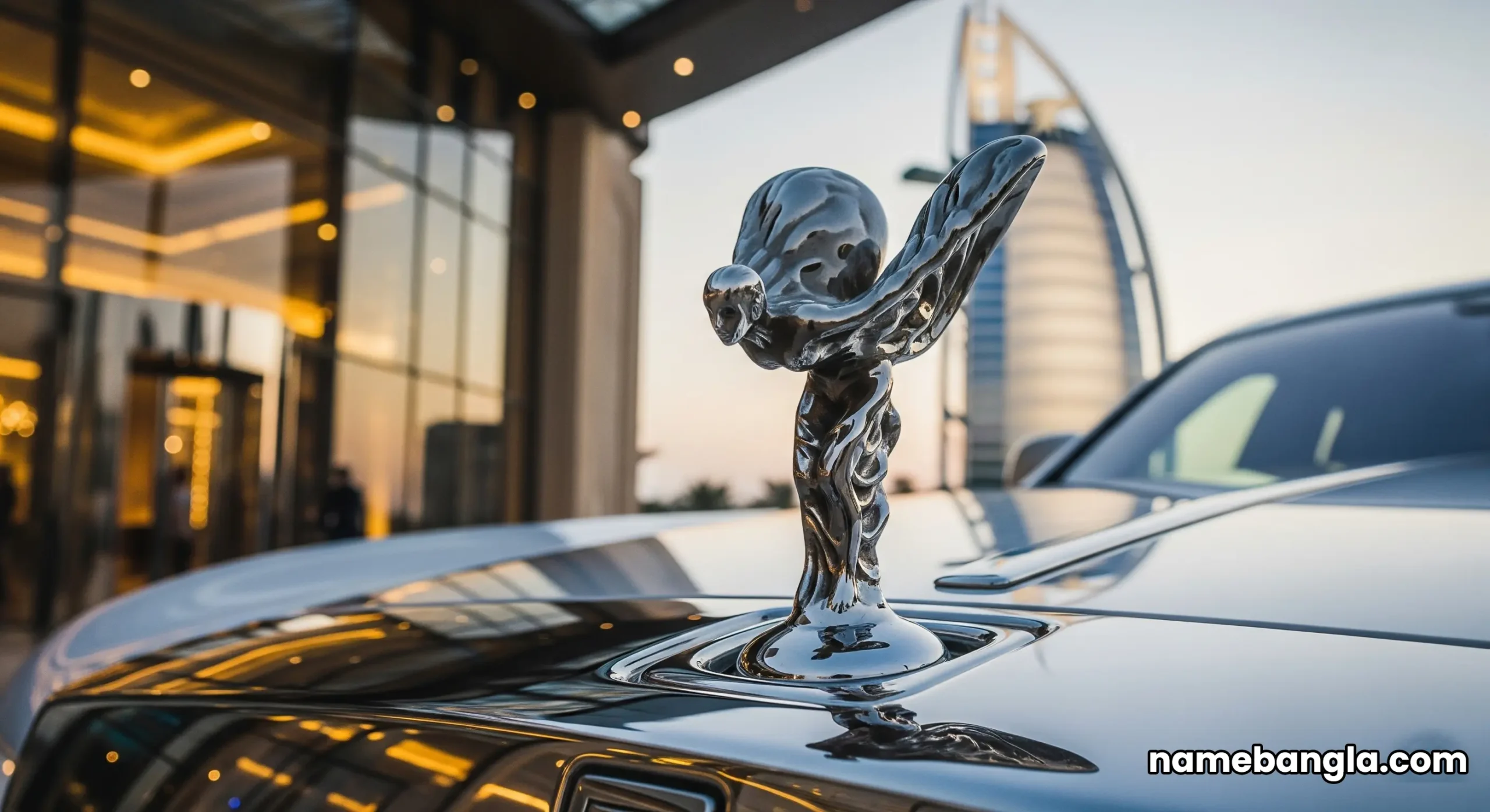 A white Rolls-Royce Phantom at the entrance of the Burj Al Arab, symbolizing the hotel's bespoke luxury transport services.