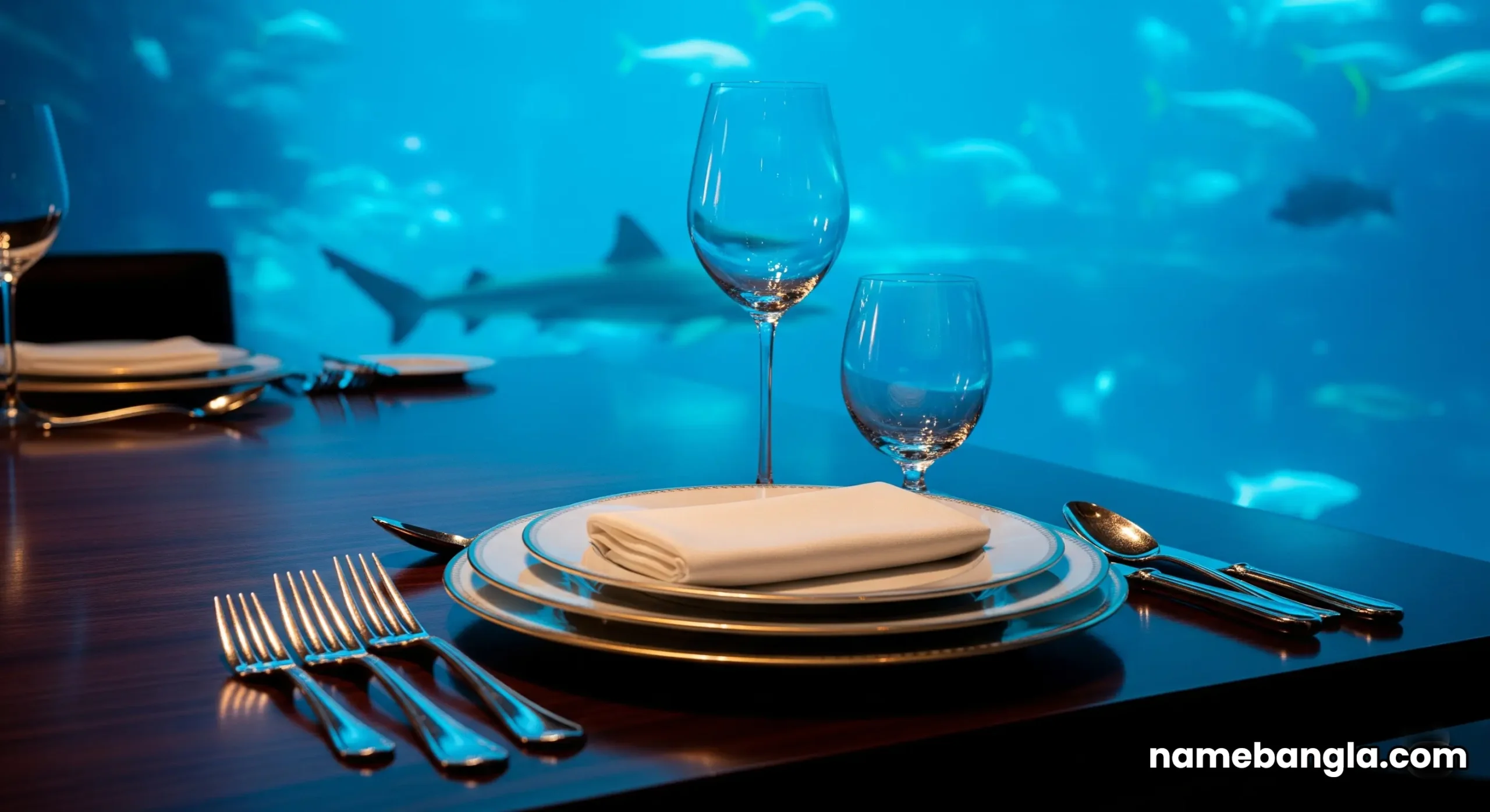 A wide shot from inside Ristorante L'Olivo at Al Mahara, showing a dining table set against the glowing blue central aquarium.