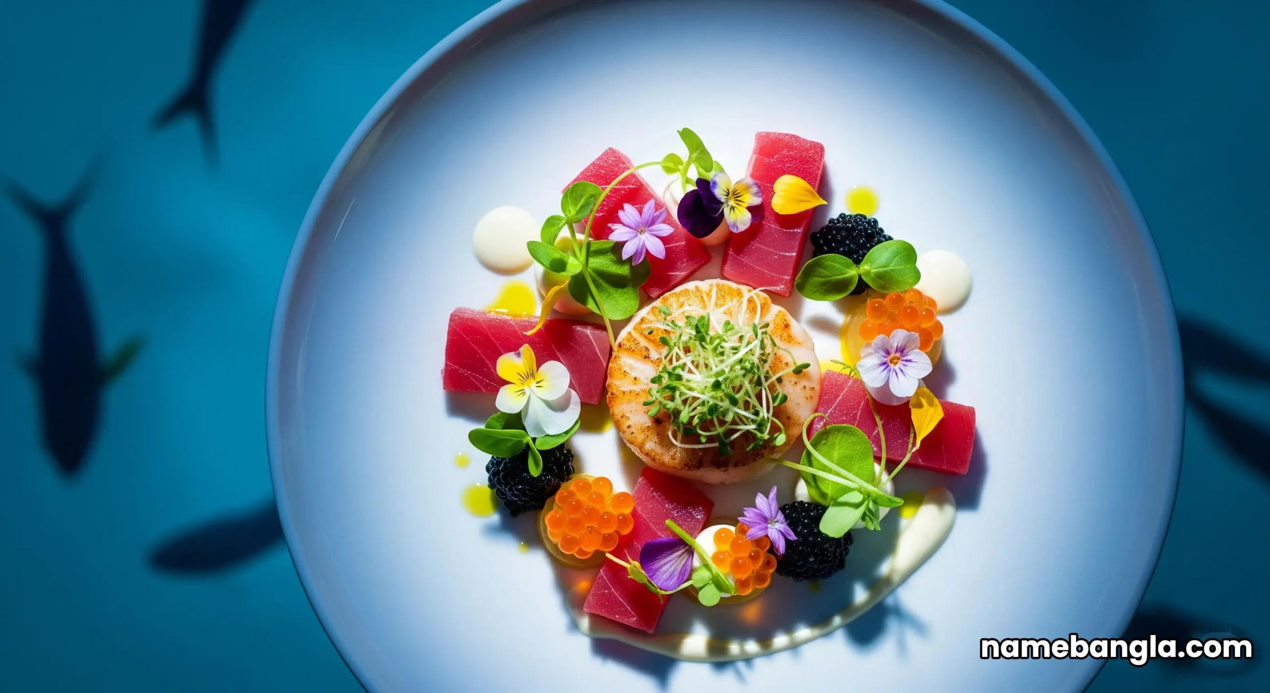 An exquisite plate of Michelin-starred seafood at Al Mahara, artistically arranged on a white plate with the deep blue aquarium in the background.