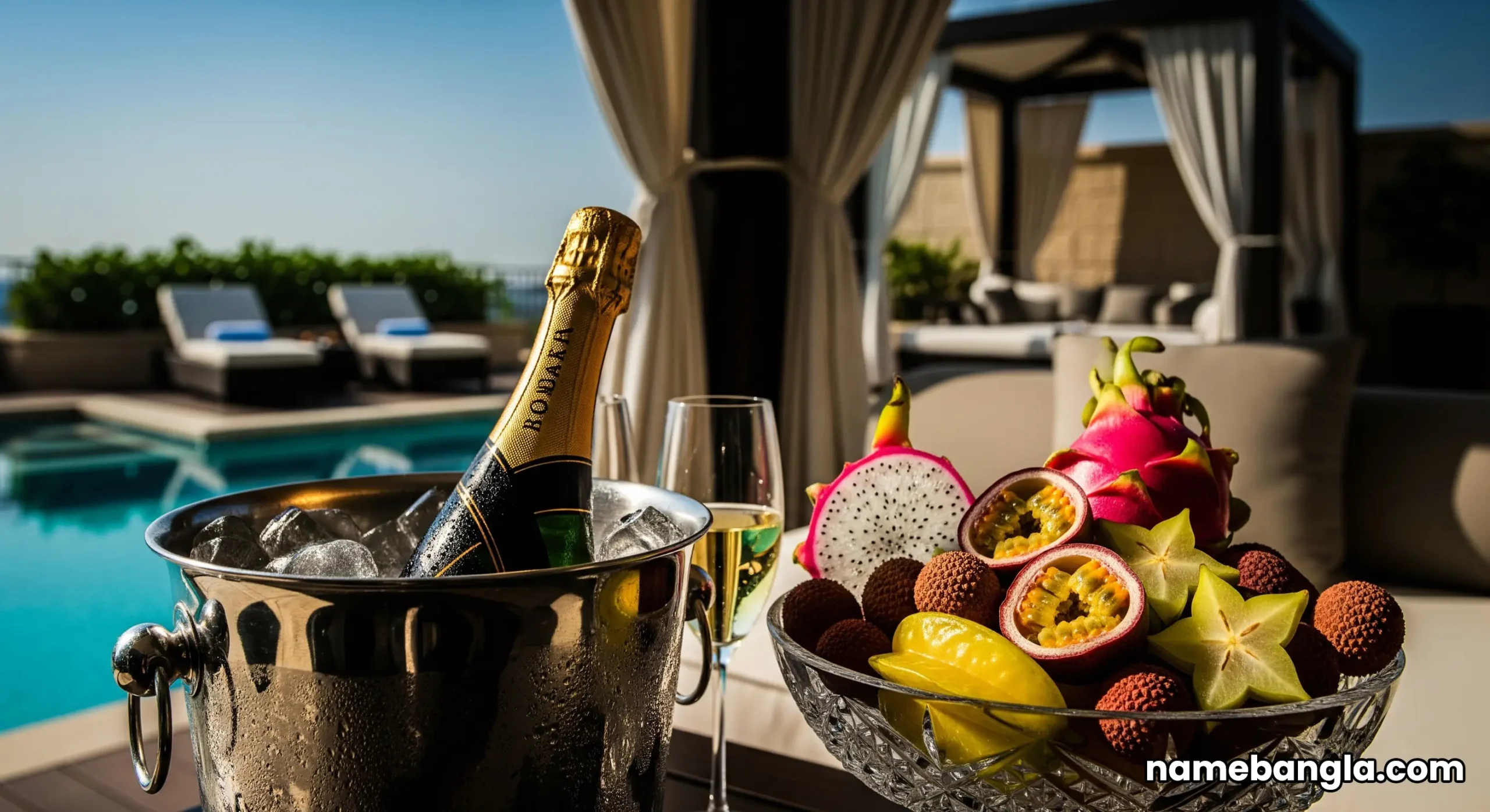Luxurious interior of a Royal Cabana at the Burj Al Arab Terrace, featuring plush seating and a complimentary champagne setup.