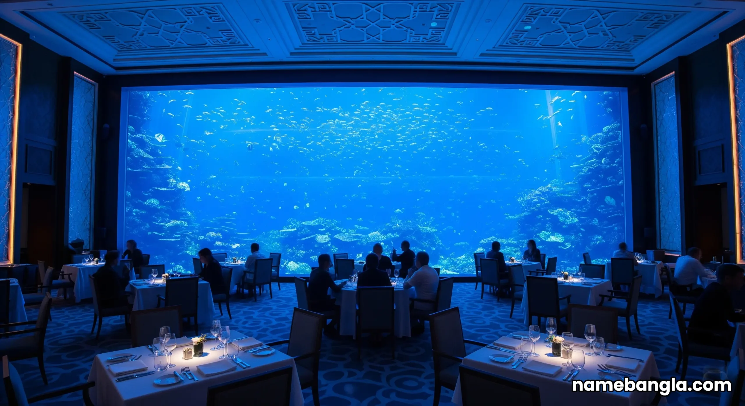 The grand dining room of Al Mahara restaurant, with the immense, glowing blue aquarium as the centerpiece and diners seated at elegant tables.