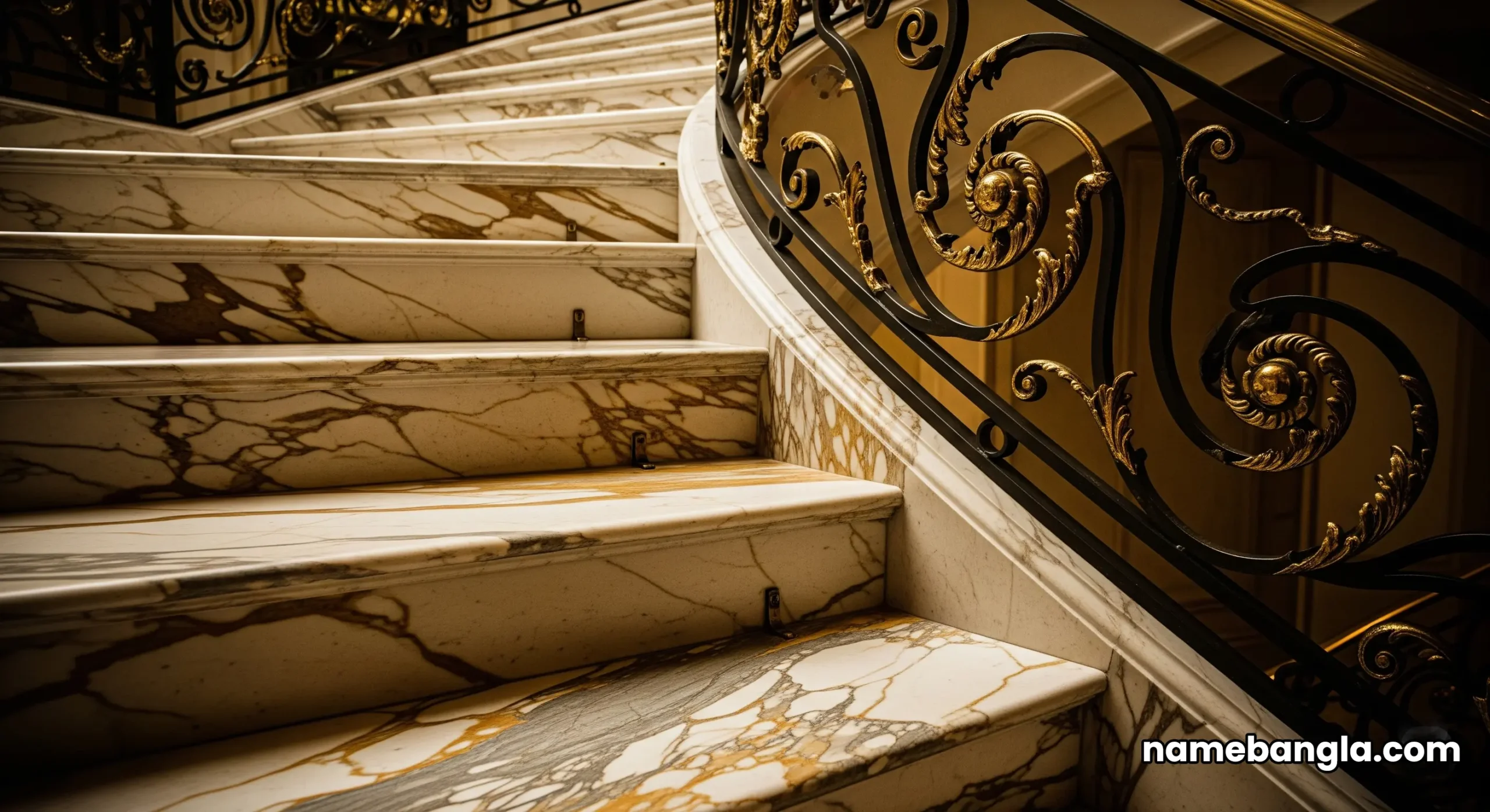 The grand marble and gold staircase inside the opulent Royal Suite at the Burj Al Arab, showcasing its luxury.
