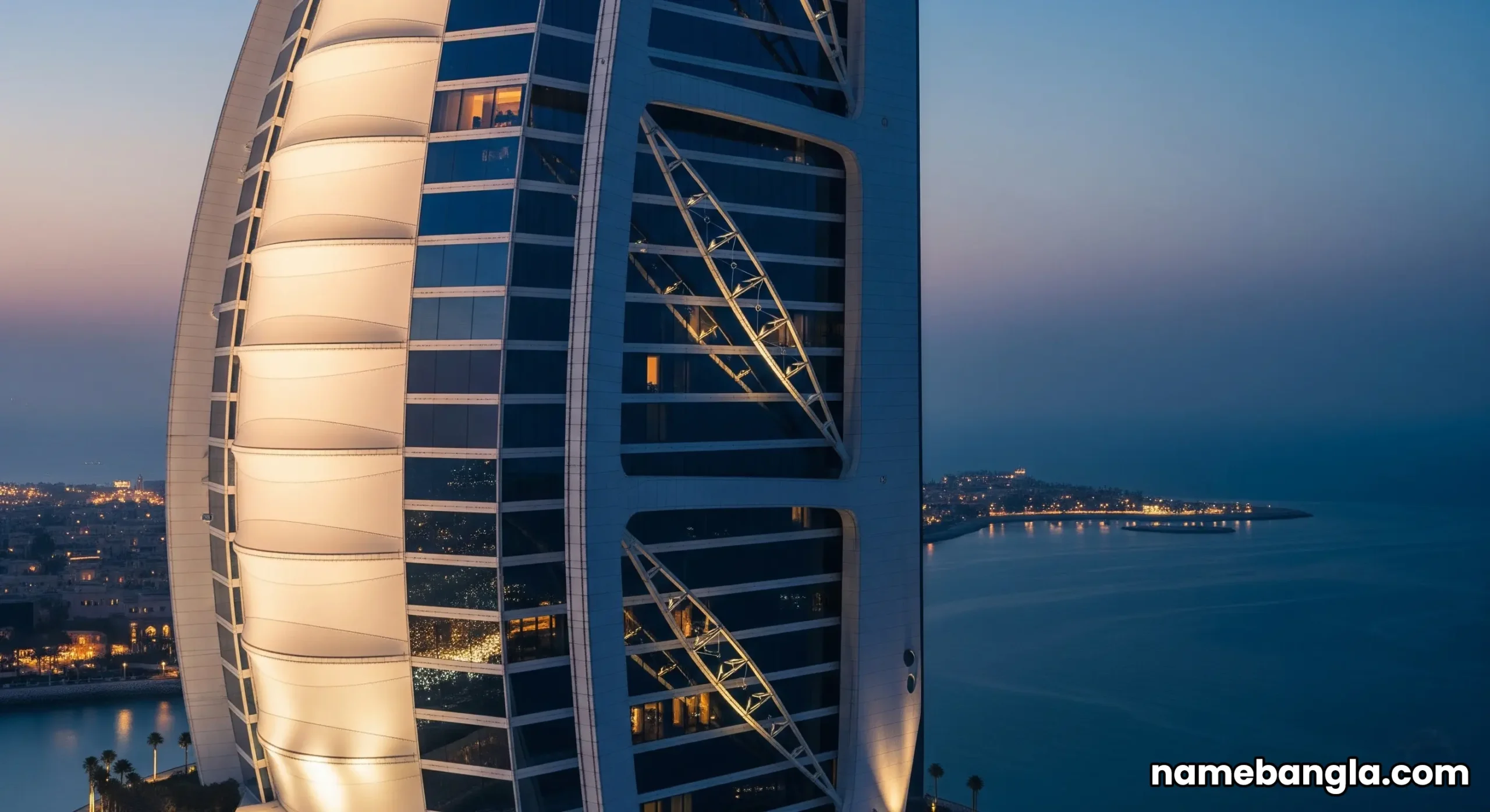 The iconic sail-shaped Burj Al Arab hotel stands majestically against a dusky sky over the Arabian Gulf.