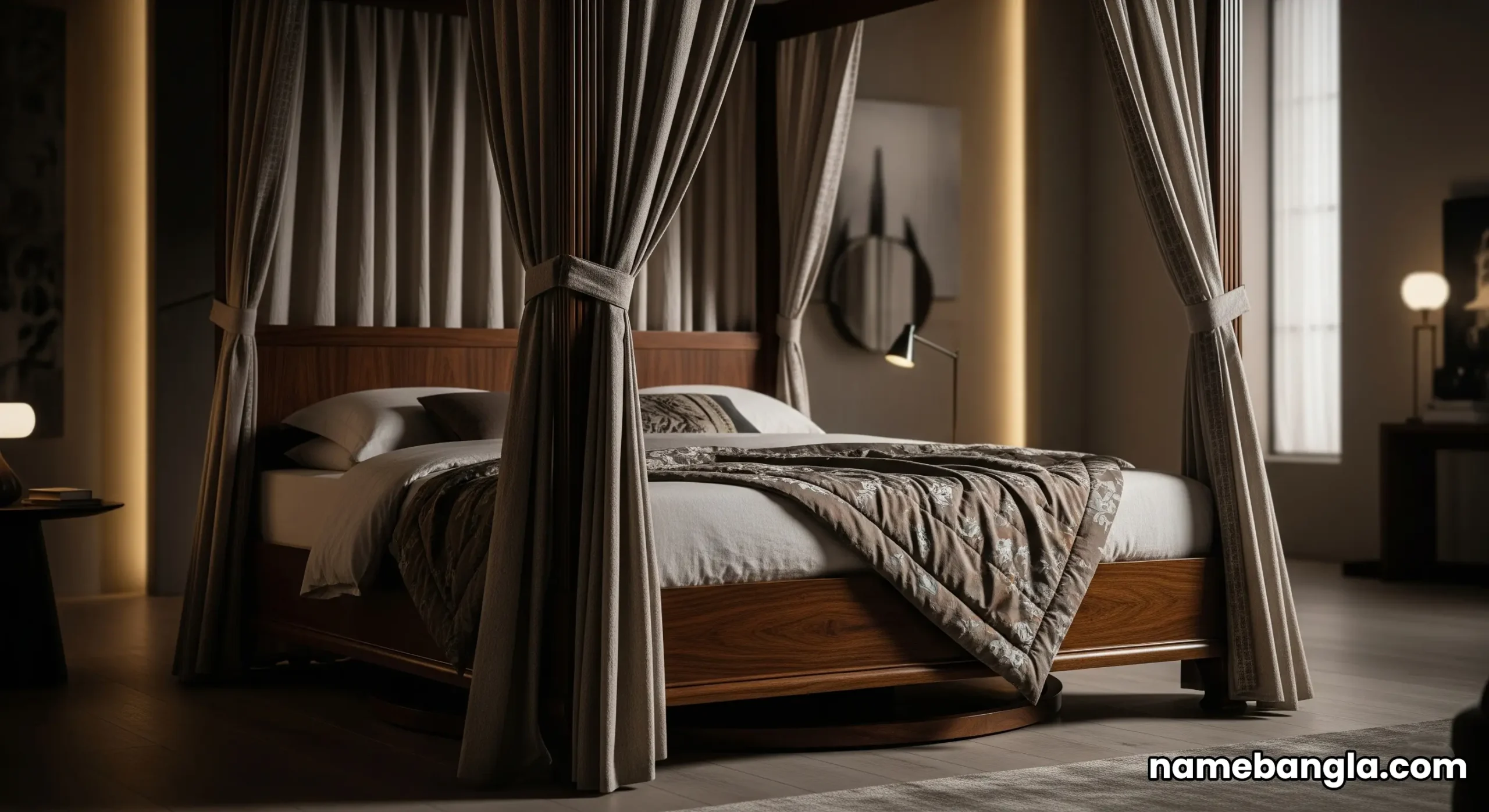 The luxurious master bedroom of the Burj Al Arab Royal Suite, with its famous rotating canopy bed as the centerpiece.
