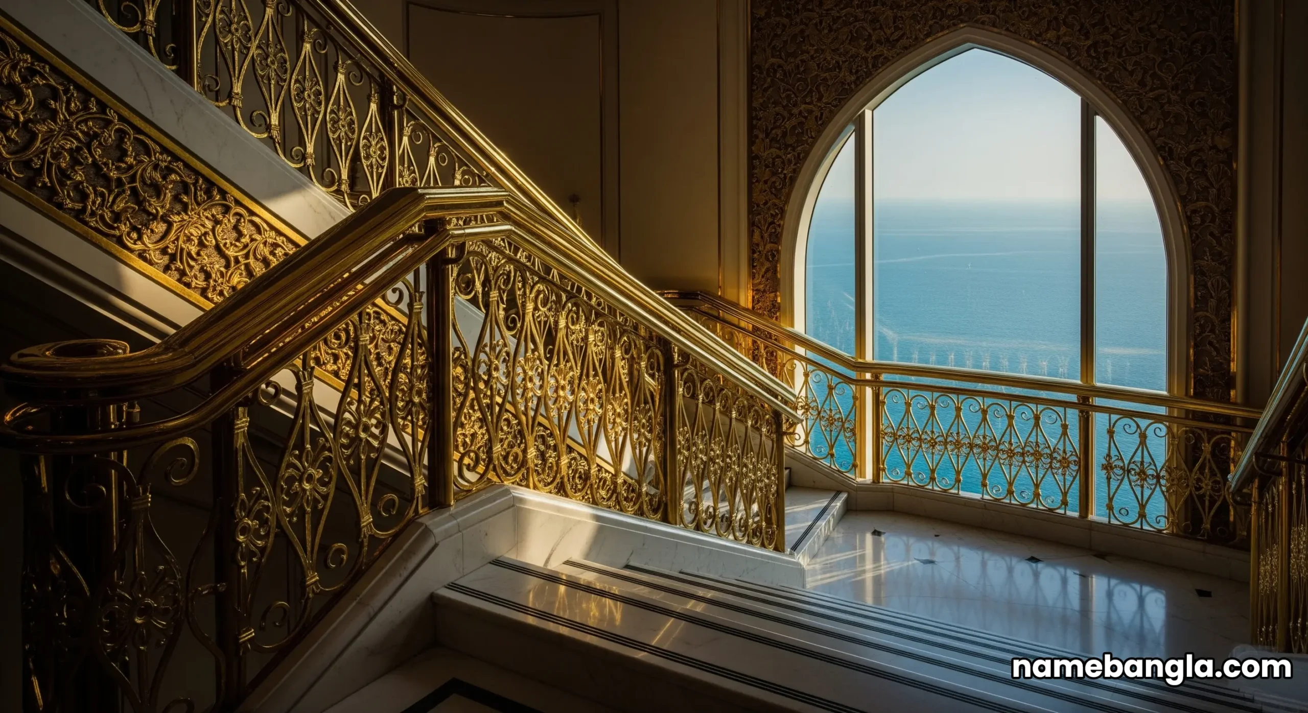 The magnificent gold and marble grand staircase inside the two-story Royal Suite at the Burj Al Arab Jumeirah.