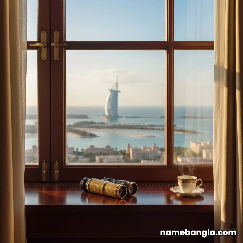 A breathtaking panoramic view of the Arabian Gulf, Palm Jumeirah, and the Dubai coastline, seen from a high-floor suite at the Burj Al Arab through expansive windows.