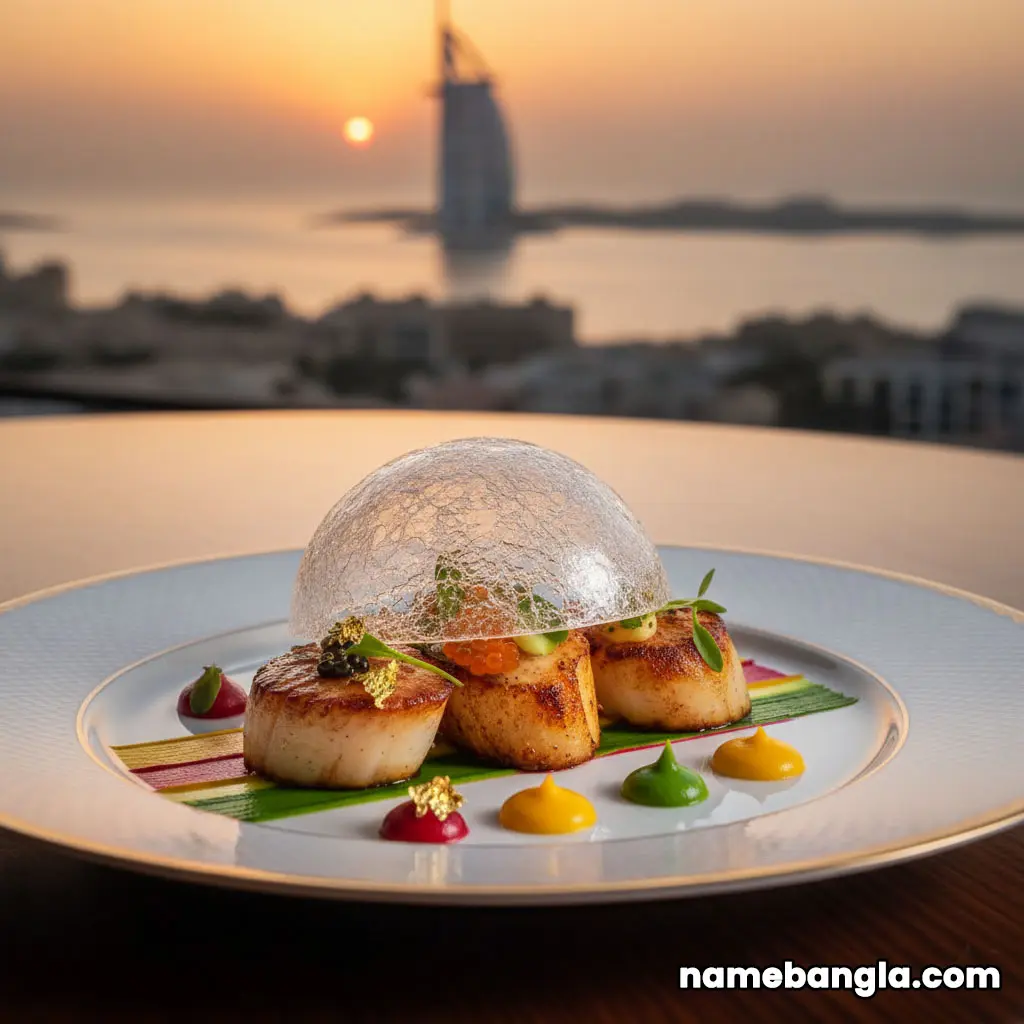 A gourmet, artfully presented dish from Al Muntaha restaurant at Burj Al Arab, featuring vibrant ingredients and a sophisticated plating style, against a blurred high-rise view.