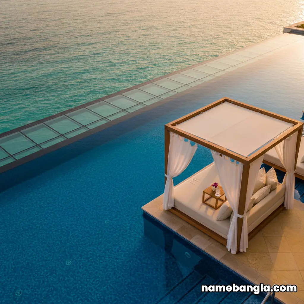 An aerial drone shot of the luxurious Burj Al Arab Terrace, showing its two infinity pools stretching out into the calm Arabian Gulf.