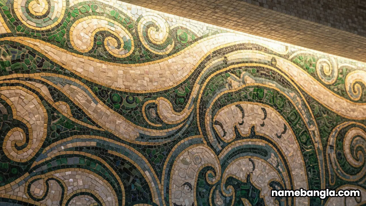 An intricate blue and gold mosaic tile pattern on the wall of the Talise Spa, showcasing the hotel's opulent design.