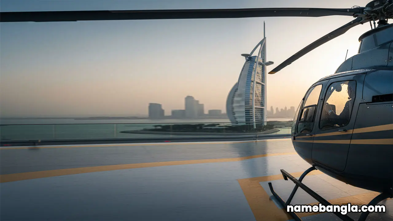 Private helicopter landing gracefully on the Burj Al Arab helipad, with Dubai city skyline in the background, signifying a luxurious and exclusive arrival experience.
