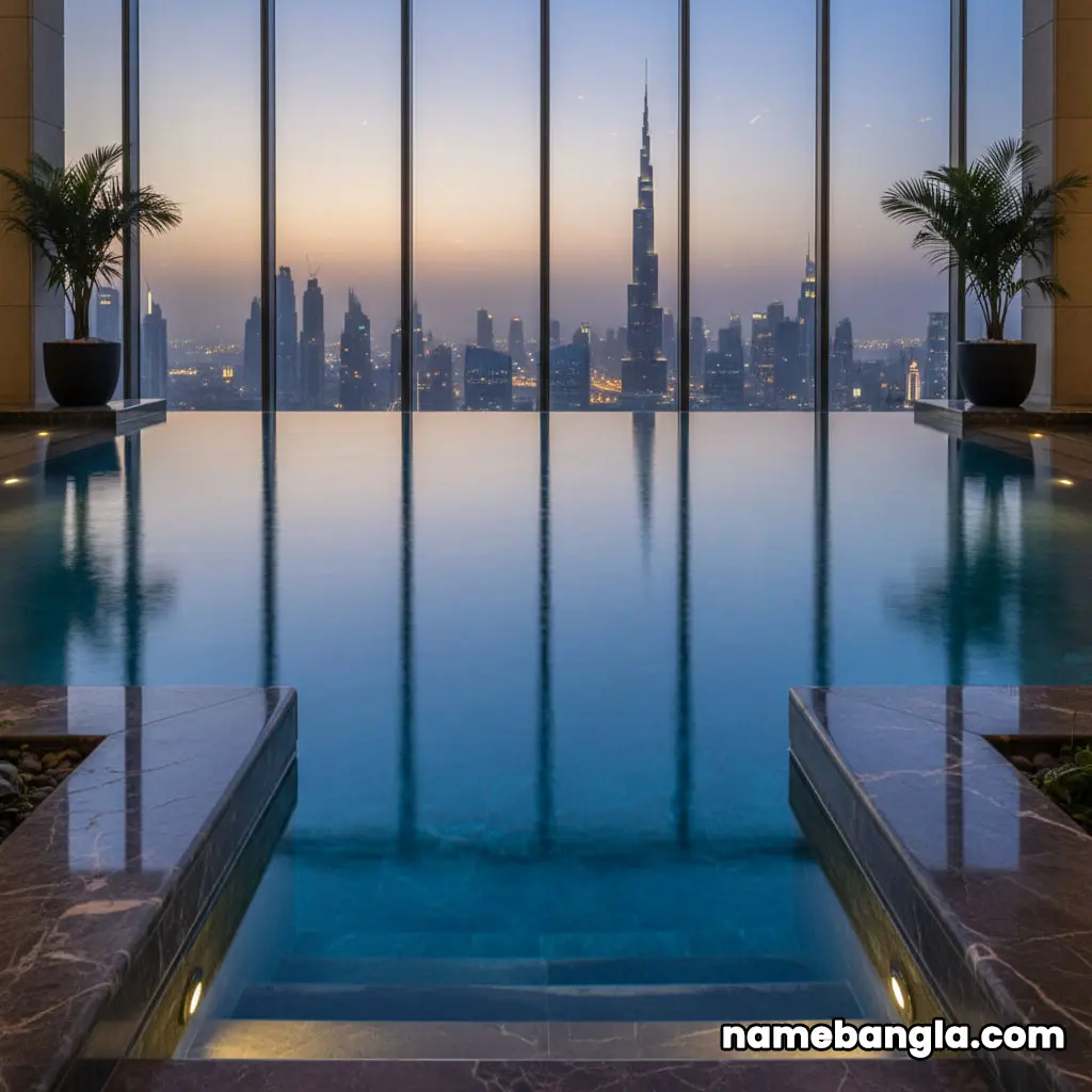 The serene infinity pool at Talise Spa inside the Burj Al Arab, with panoramic views of the Dubai skyline at sunset.