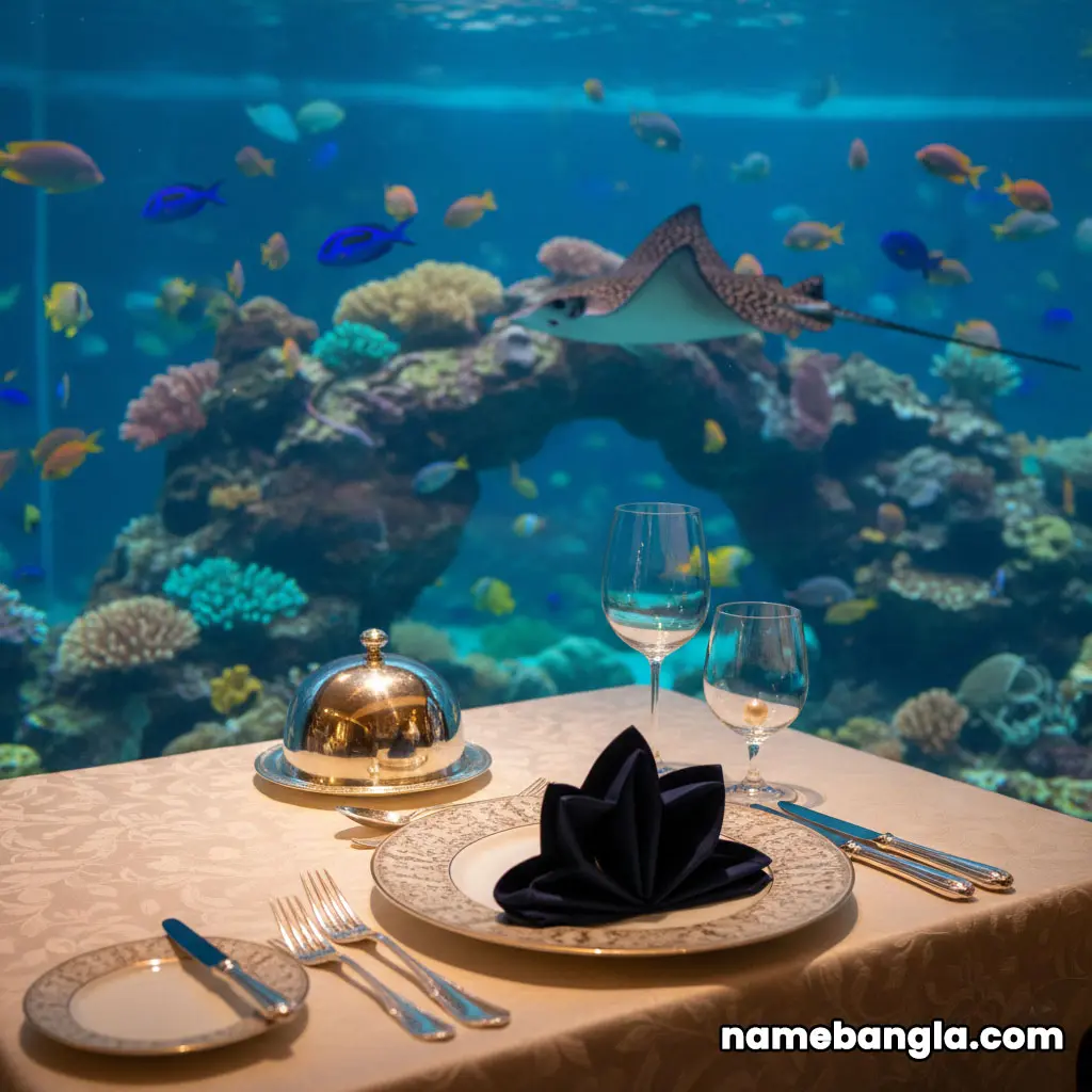 The stunning interior of Ristorante L'Olivo at Al Mahara, with a dining table set against the backdrop of a large, glowing aquarium.